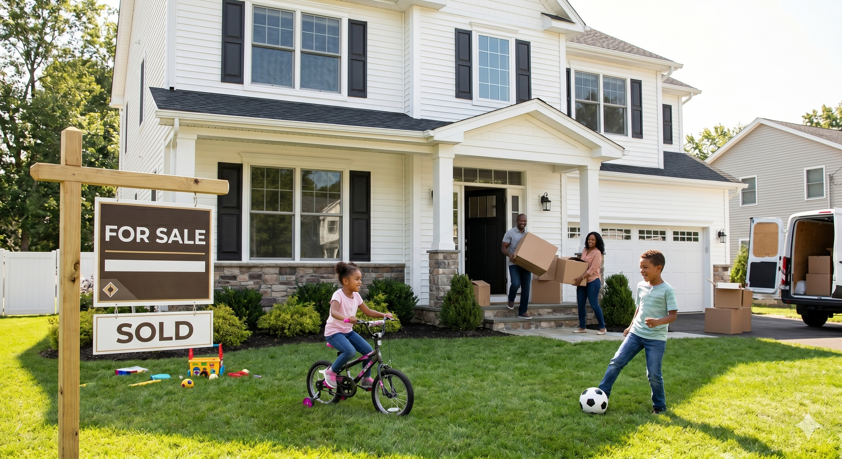 white colonial home with kids playing in the front yard, and parents in the background carrying moving boxes. There is a for sale sign in the front of image with a sold rider hanging from it, and a moving truck with the backdoors open in the background/ side of house