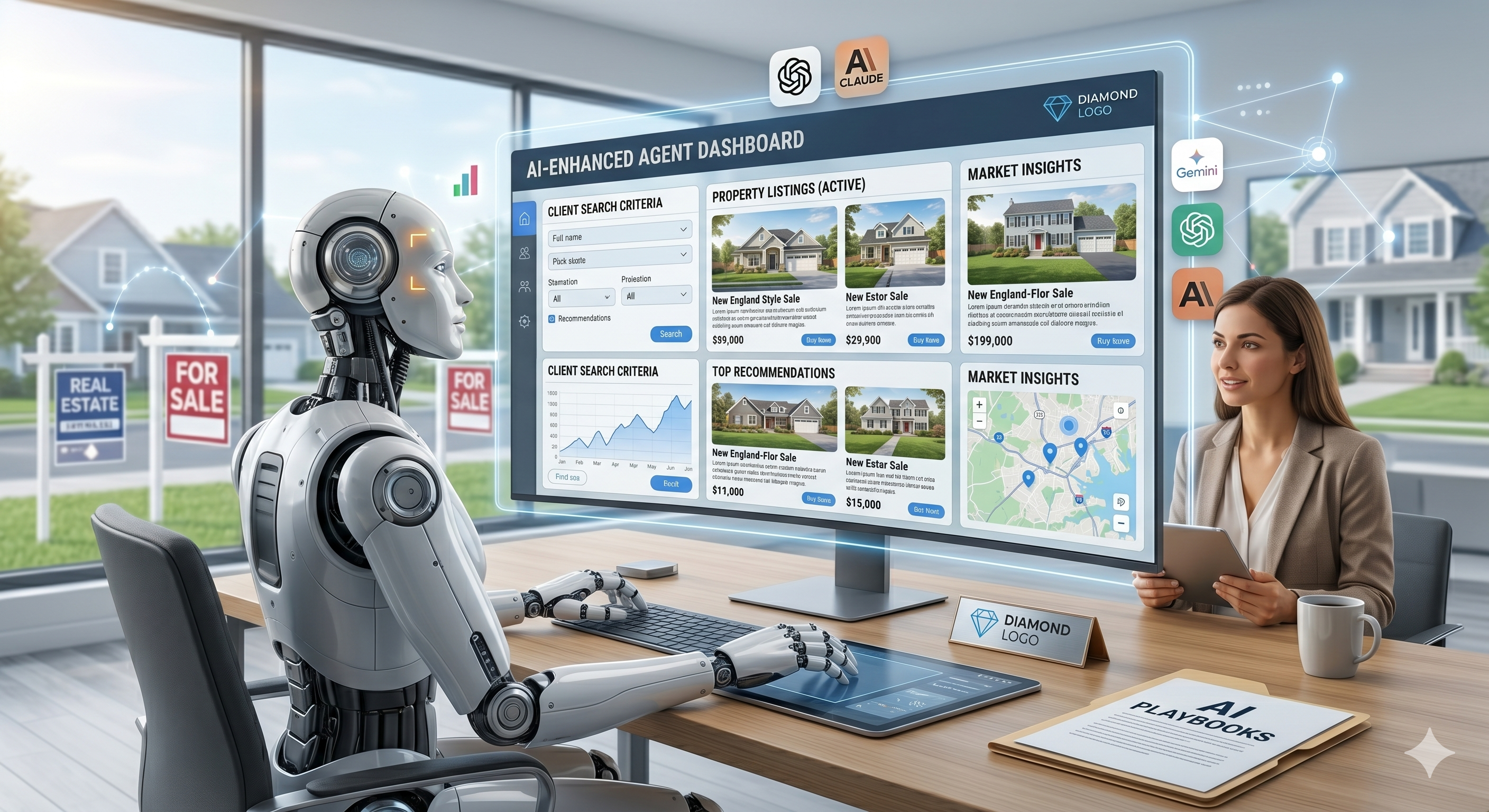 AI robot sitting at a work desk looking up real estate properties. The other side of the desk is a female human co-worker also looking up properties on the desktop. Outside the large office windows are real estate for sale signs.