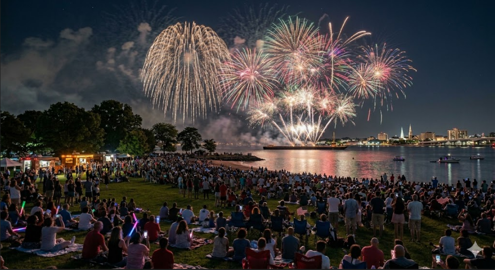 image of a fireworks show in the evening at a festival by the water