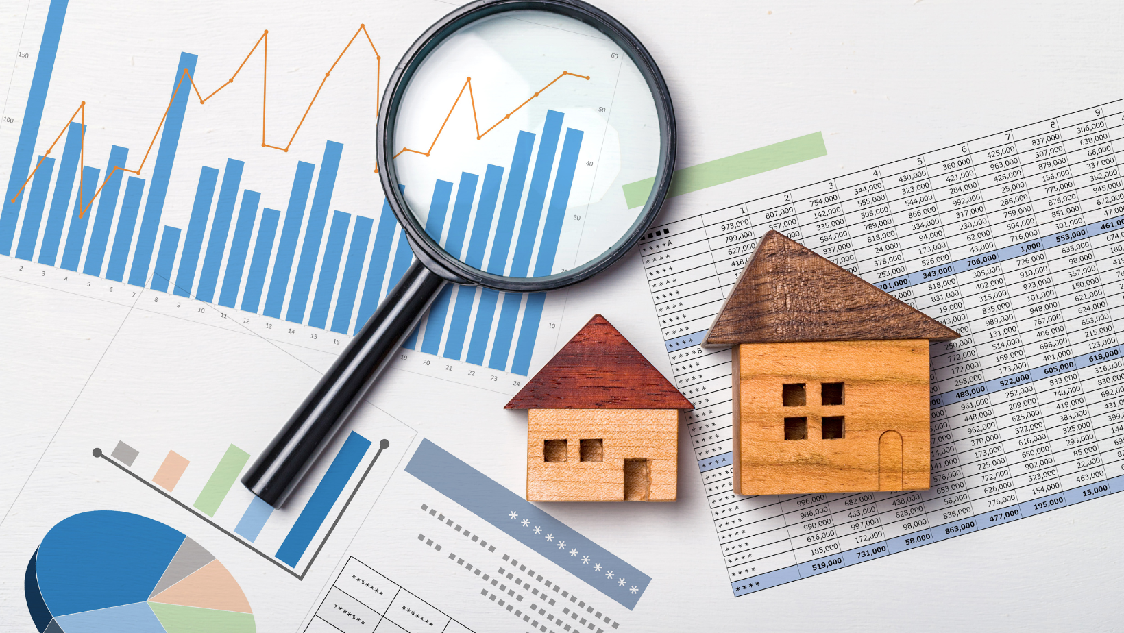 mock up of real estate stats with 2 wooden houses on top