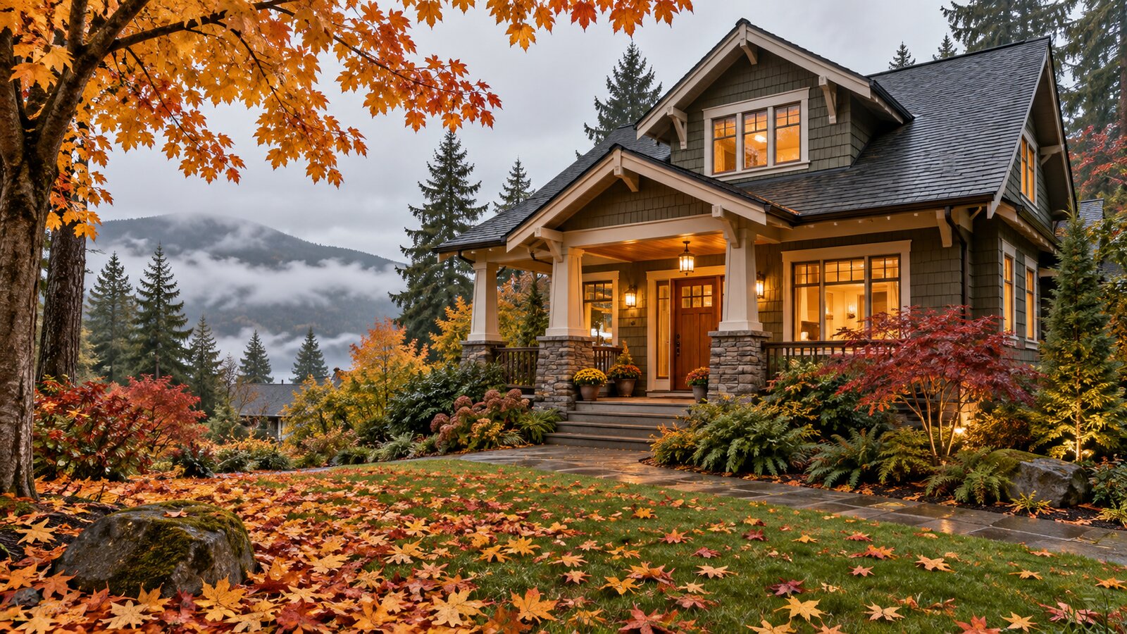 Craftsman-style home with a lit porch, autumn maple leaves and evergreens in the Pacific Northwest