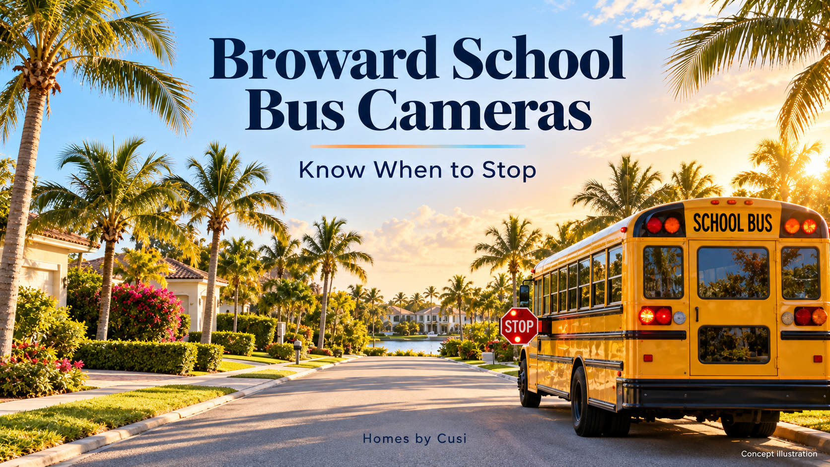 Concept illustration of a stopped yellow school bus on a palm-lined street at sunset with Broward School Bus Cameras title; not an actual bus, road or safety diagram.