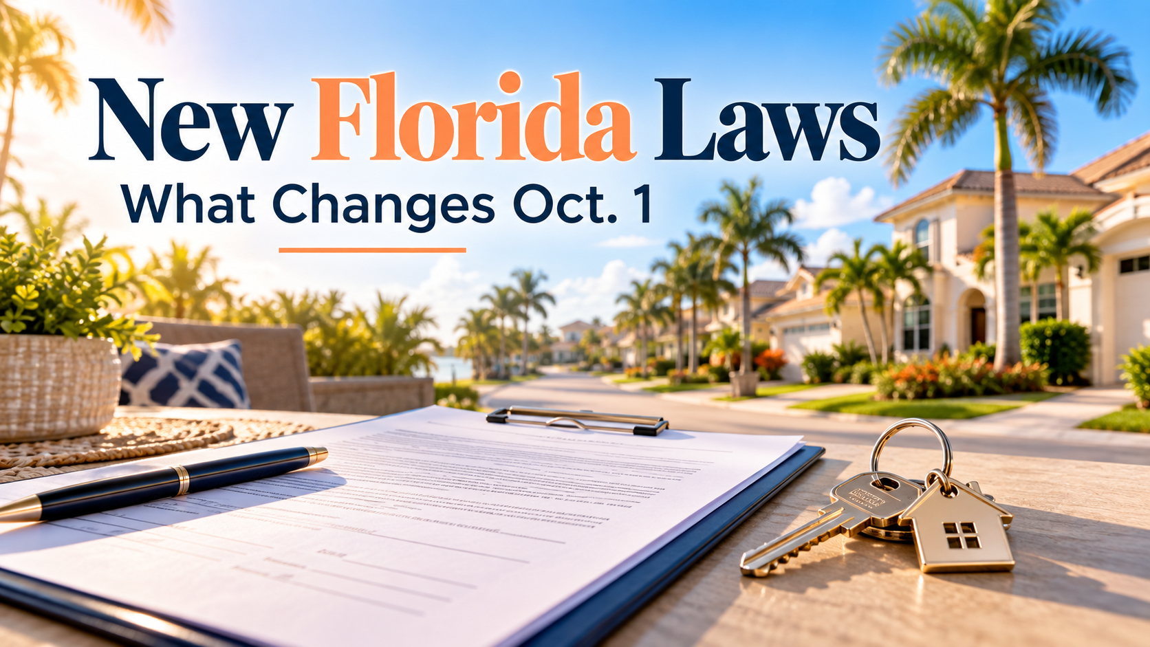 Lease document, pen and house keys on a patio table with a sunny South Florida street of homes and palm trees behind, with the headline New Florida Laws, What Changes Oct. 1