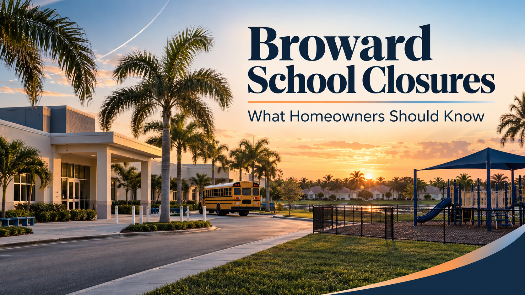 Broward school closures: South Florida elementary school at sunset with a school bus, playground and nearby homes
