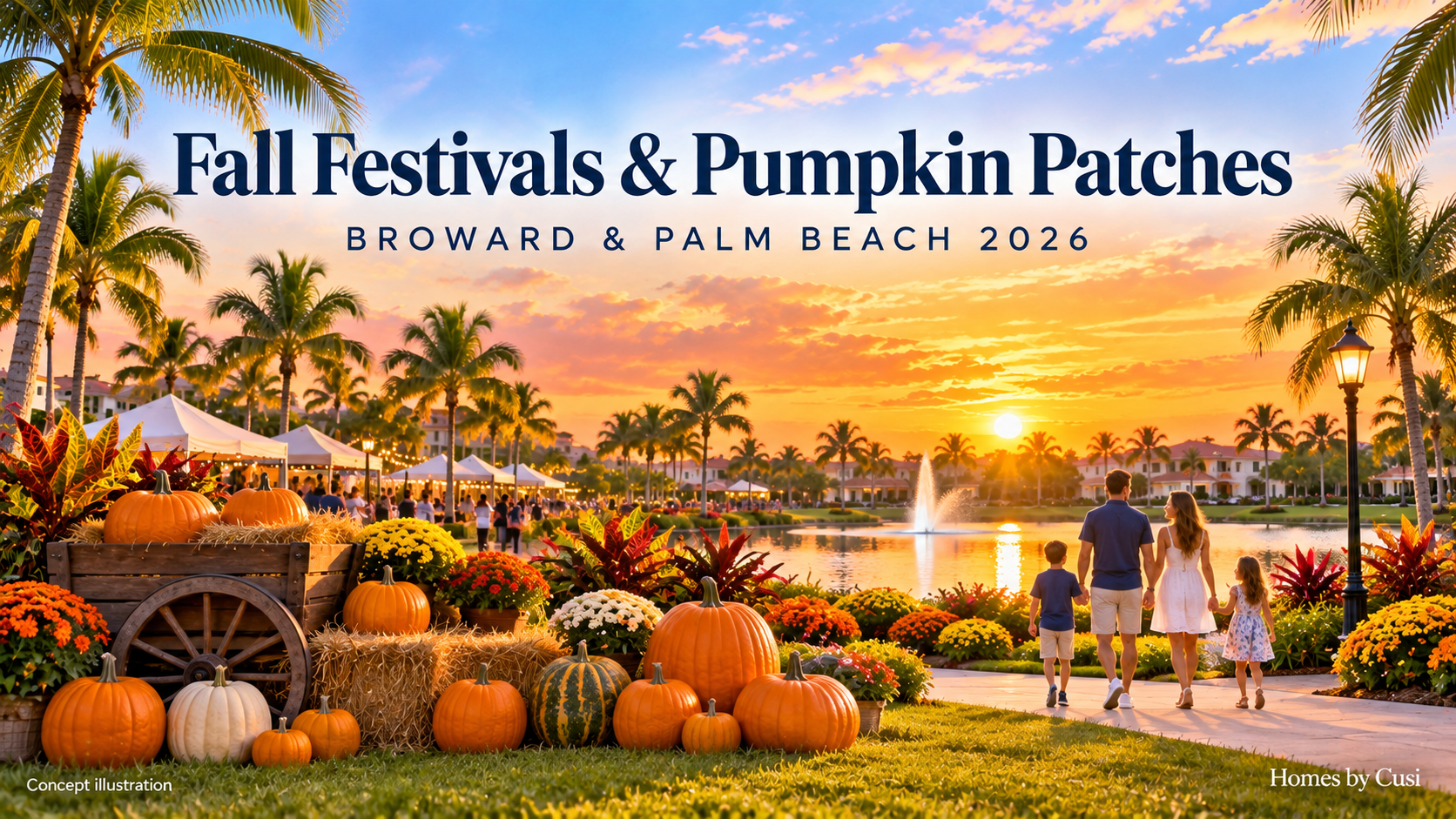 Concept illustration of pumpkins and a family in a palm-lined South Florida park at sunset; Fall Festivals and Pumpkin Patches guide cover.