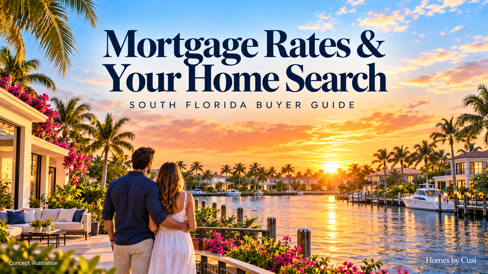 Concept illustration of a couple looking across a palm-lined South Florida waterfront at sunset; Mortgage Rates and Your Home Search buyer guide cover.