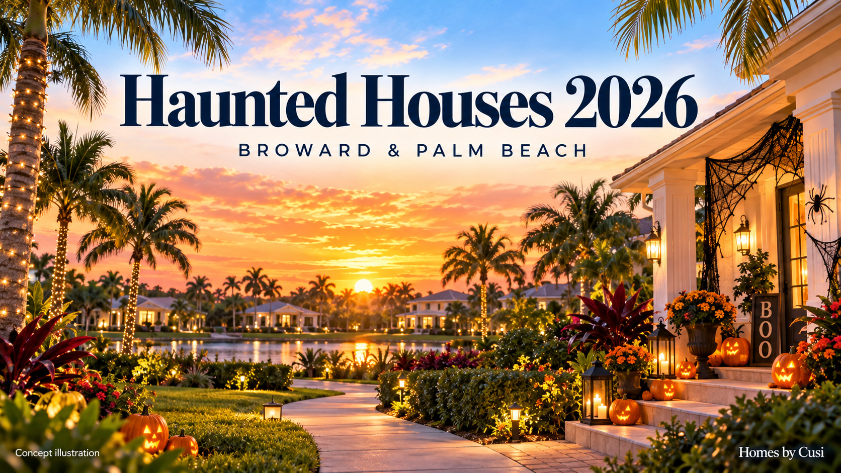 Concept illustration of a palm-lined South Florida home at sunset with Halloween pumpkins; Haunted Houses 2026 guide cover.