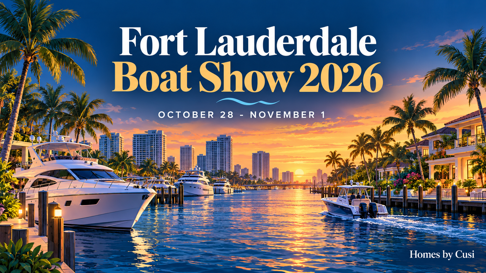Editorial illustration of South Florida waterfront homes, palms and boats for the 2026 Fort Lauderdale boat show guide.