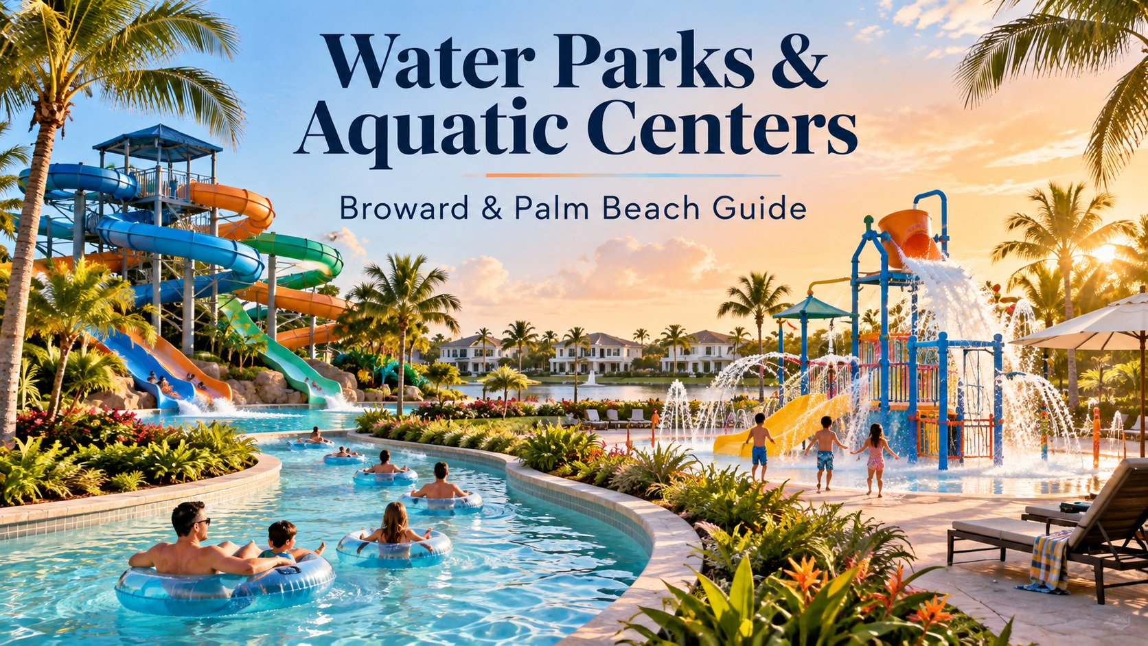 Family enjoying a sunny South Florida water park with lazy river, slides, splash playground and palm trees