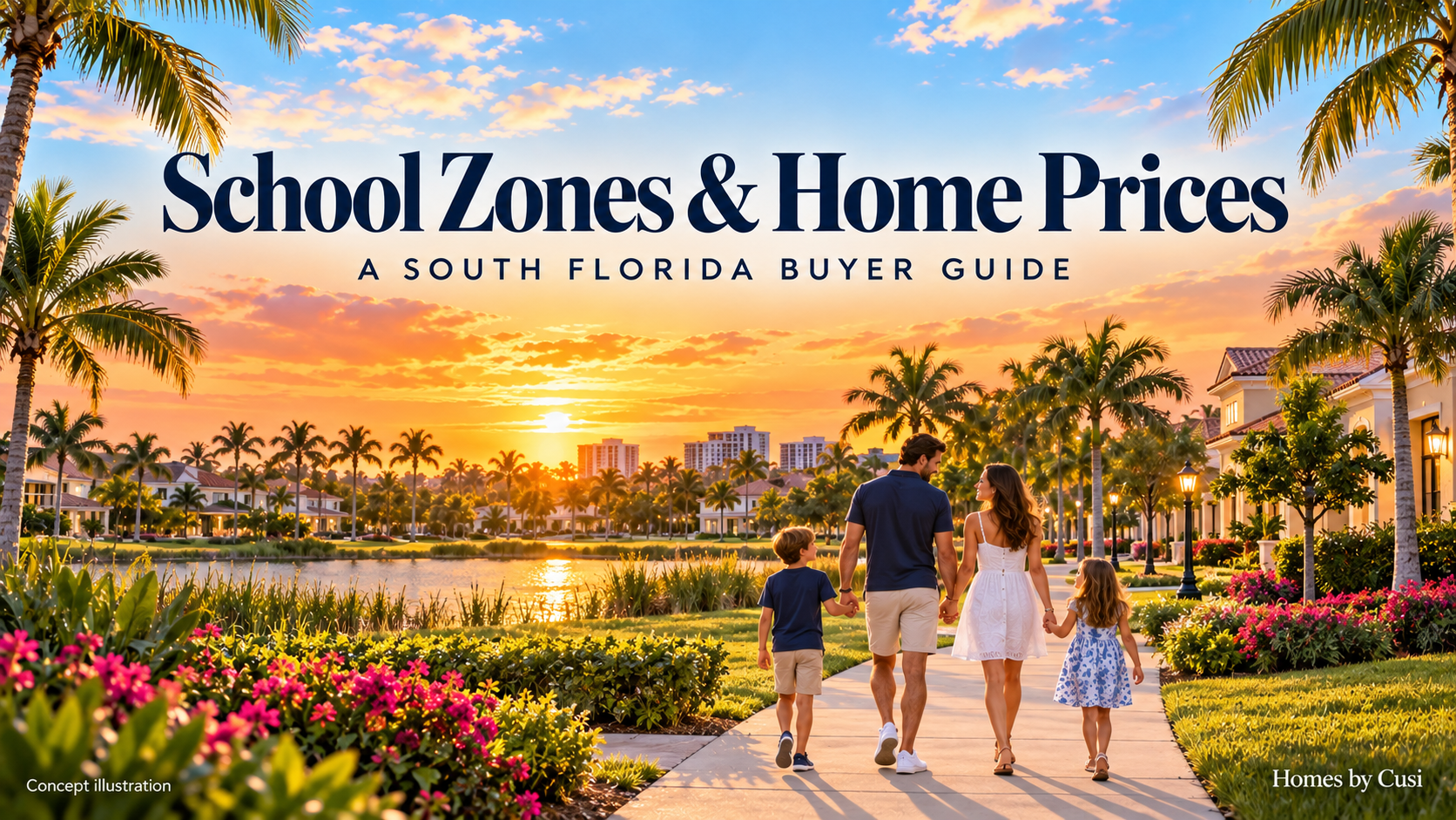Concept illustration of a family walking in a palm-lined South Florida neighborhood at sunset; School Zones and Home Prices buyer guide cover.
