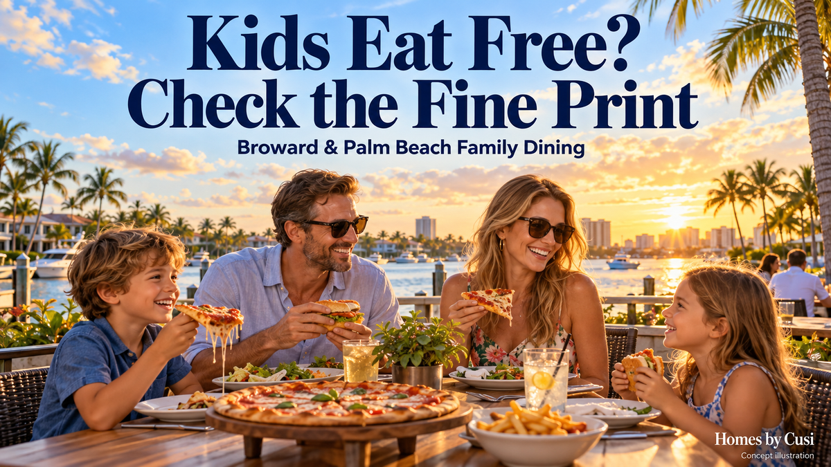 Concept illustration of a family sharing a meal at a generic South Florida waterfront restaurant; not a photograph of a named business or proof of an offer.