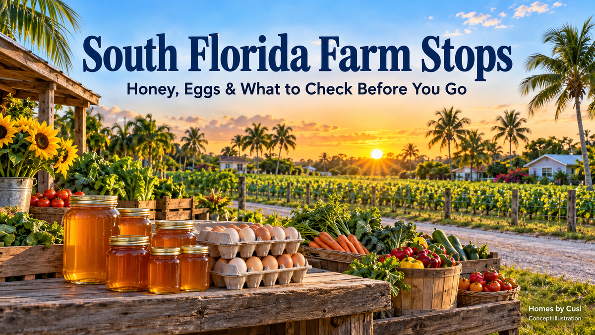 Concept illustration of a generic South Florida farm stand with honey, eggs and produce; not a photograph of a named farm or proof of stock.