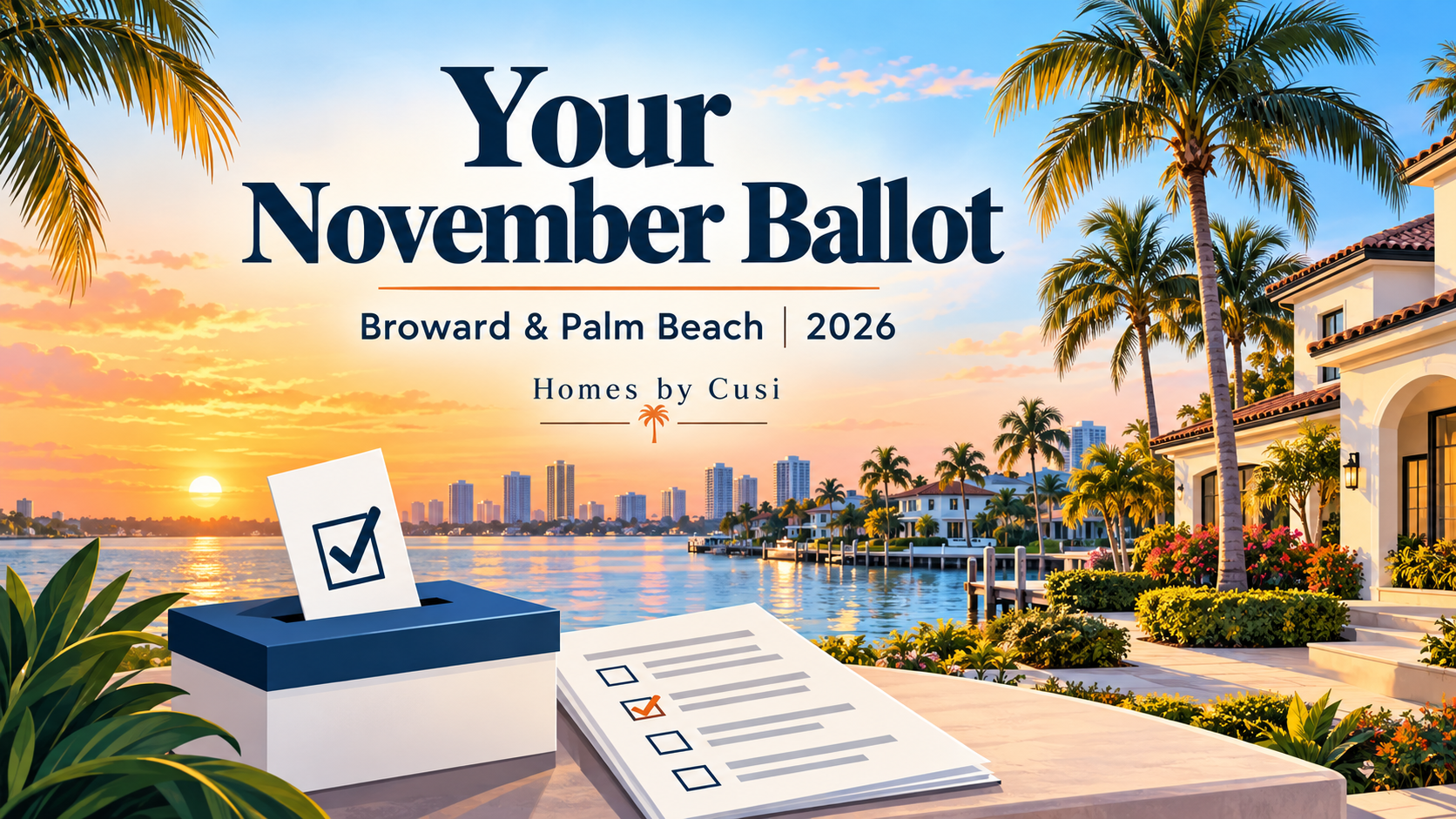 Editorial illustration of a South Florida waterfront home, palms and generic ballot icons for the November 2026 Broward and Palm Beach homeowner guide.