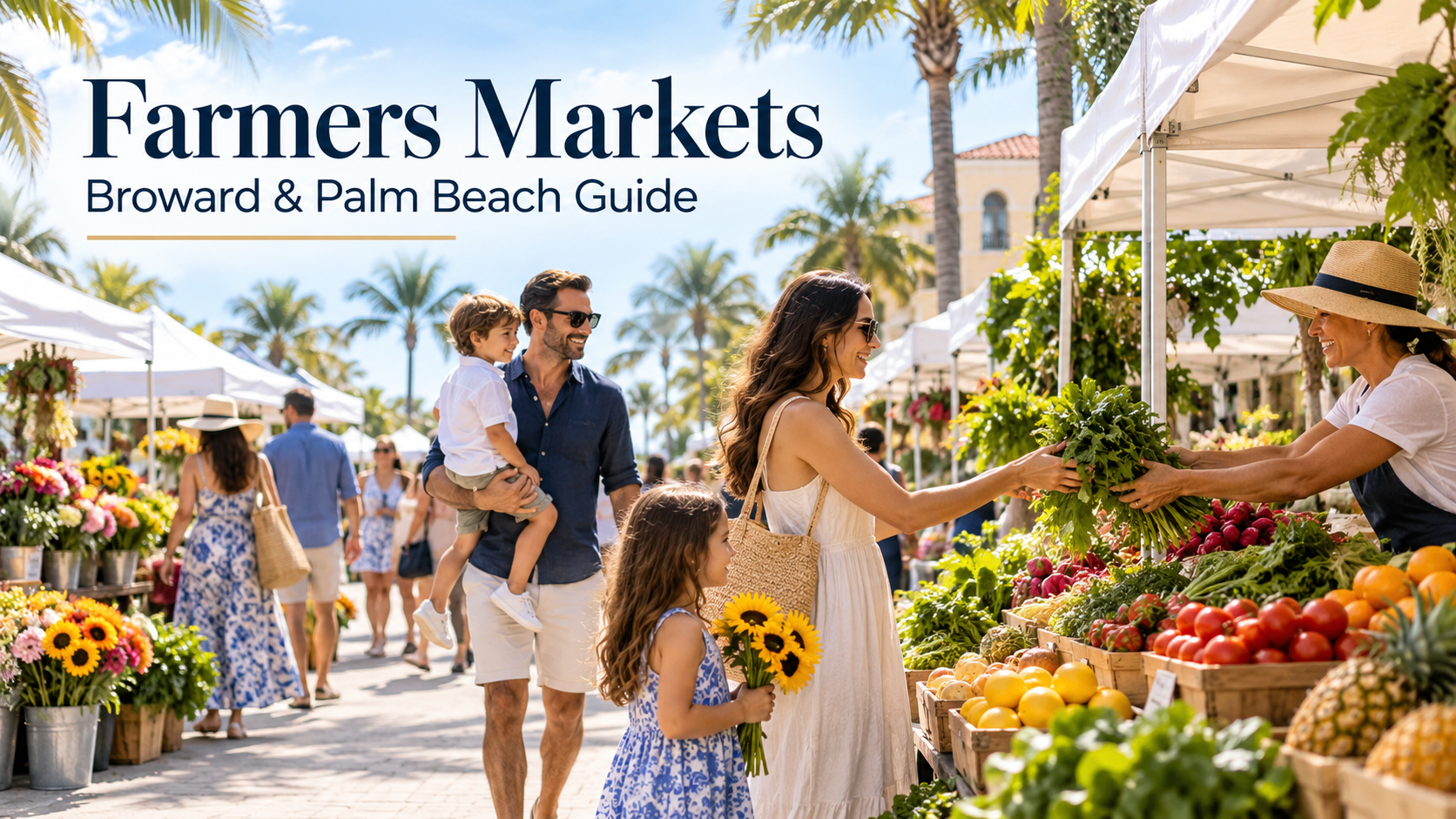 Family shopping for fresh produce and sunflowers at a sunny South Florida farmers market with palm trees