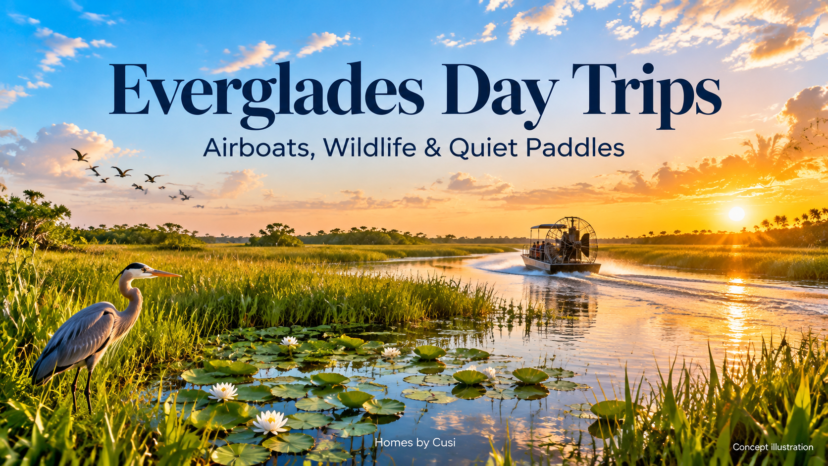 Concept illustration of a generic South Florida sawgrass marsh and distant airboat in golden light; not a photograph of a specific tour operator or launch.
