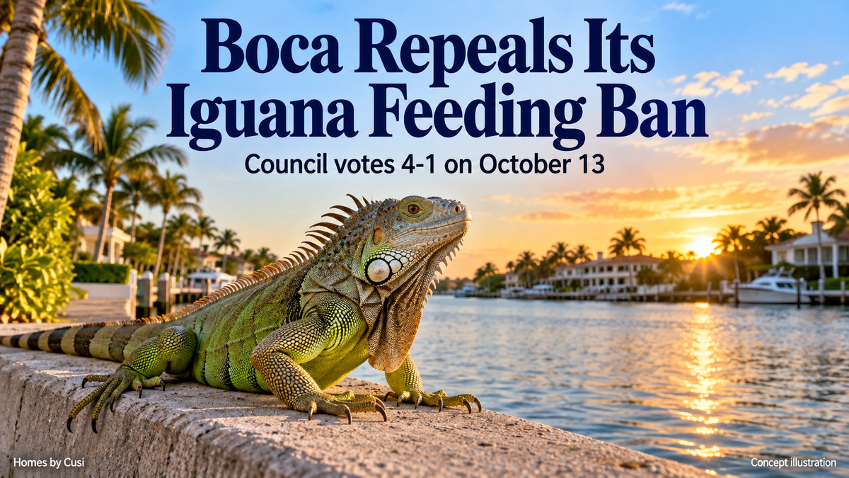 Concept illustration of a green iguana on a seawall in a Boca Raton-style canal setting; not a photograph of a particular property.