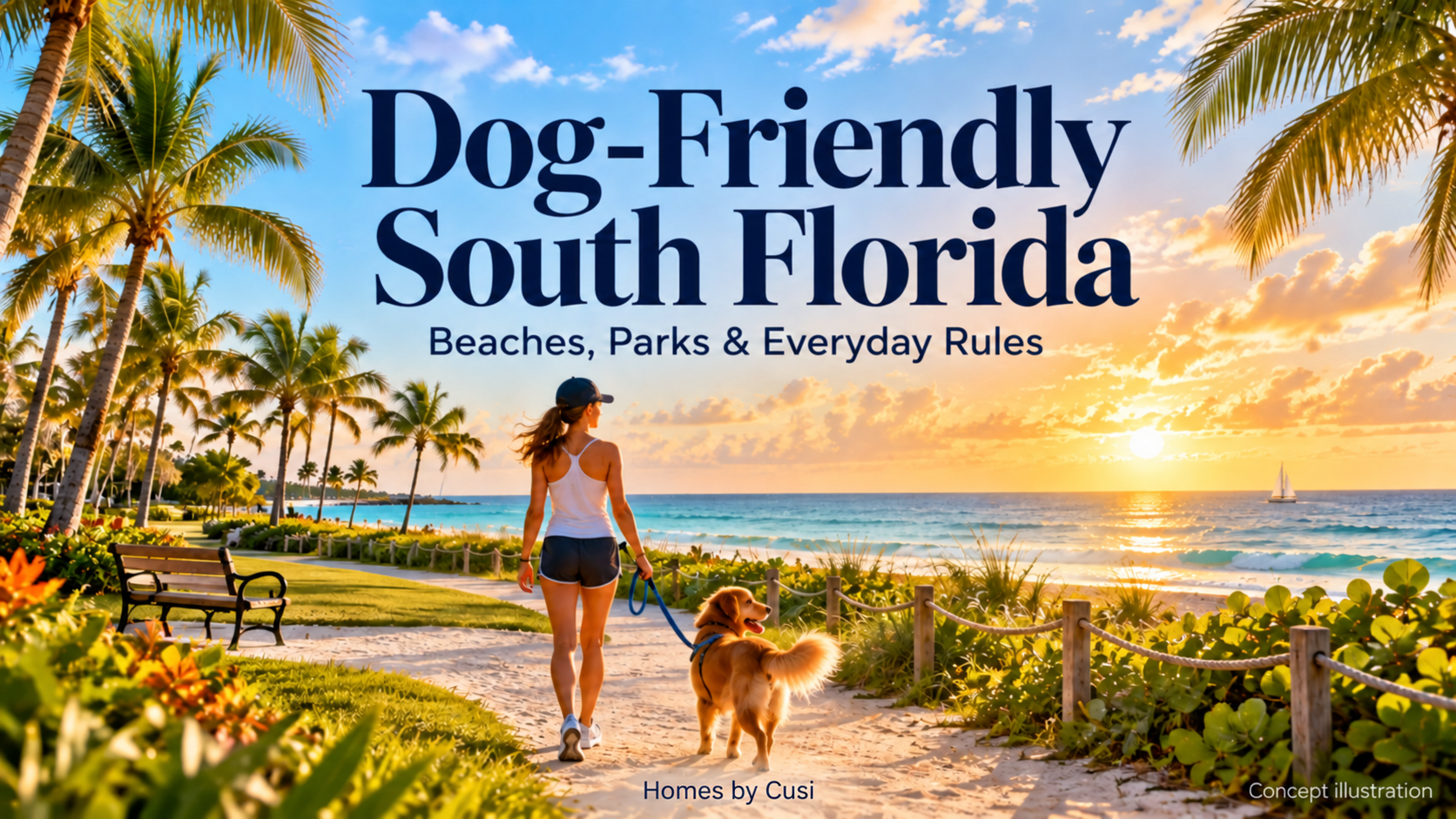 Concept illustration of a person walking a leashed dog in a generic South Florida coastal park; not a photograph of a particular dog beach or proof of access.