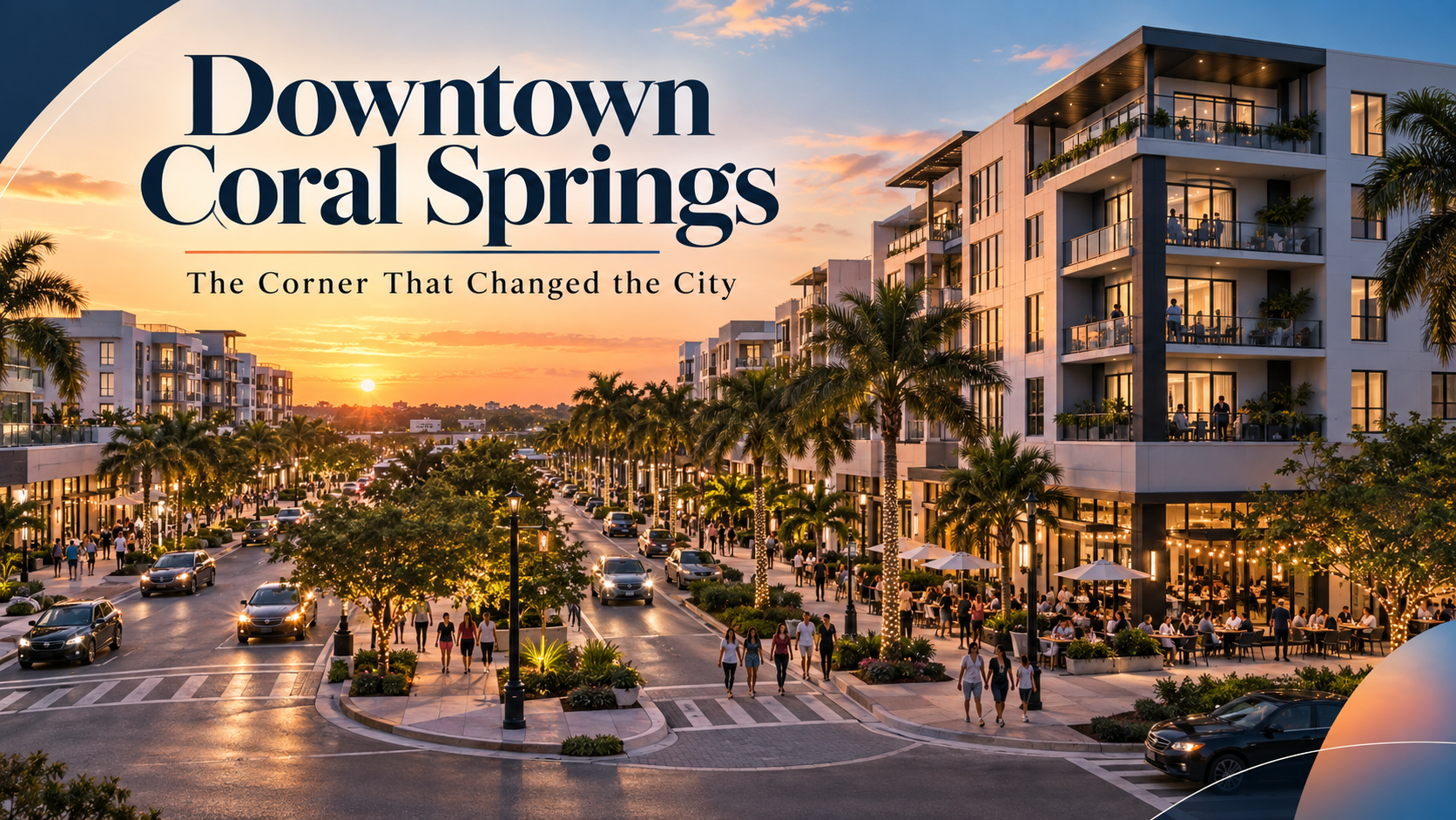 Downtown Coral Springs: Cornerstone mixed-use apartments with restaurants and palms at University Drive and Sample Road