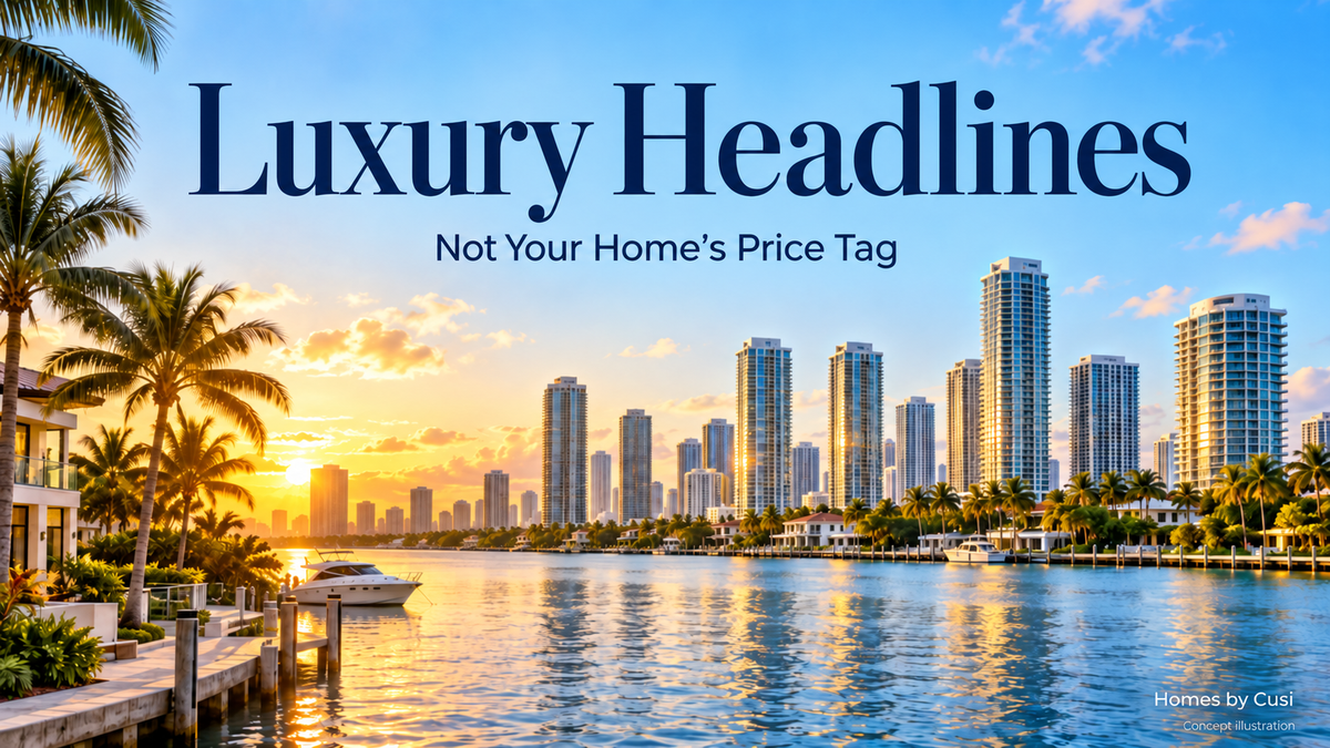 Concept illustration of South Florida riverfront towers at sunset, labeled Luxury Headlines - Not Your Home's Price Tag. Not an actual skyline or project rendering.