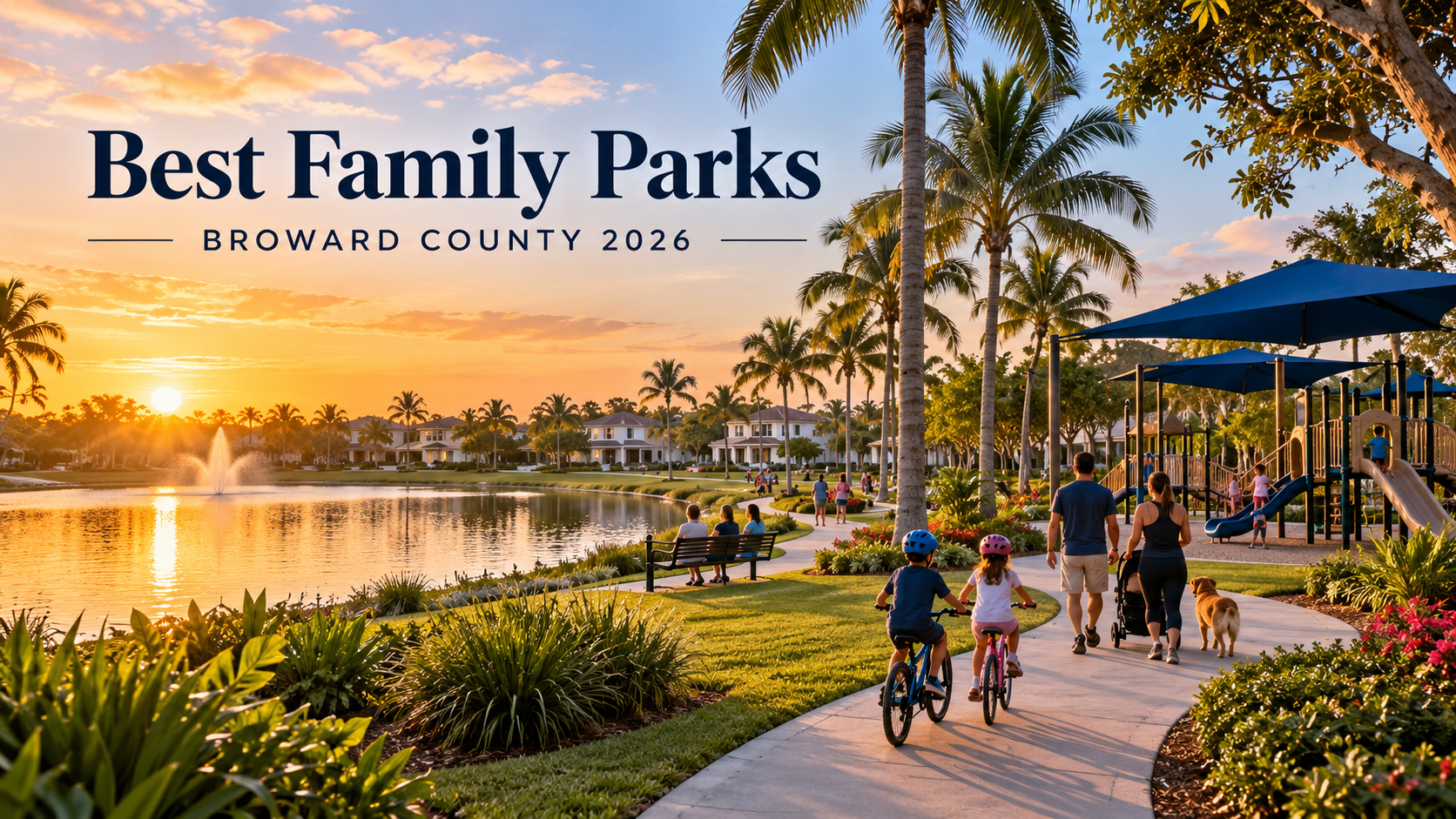 Family enjoying a sunny Broward County park with playground, lake, palm trees and South Florida homes nearby