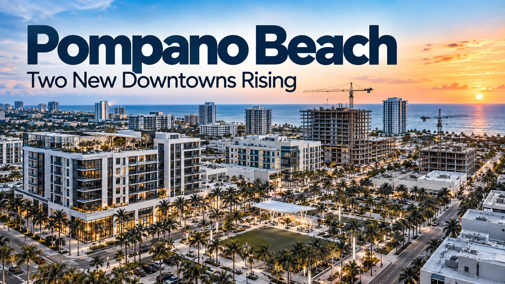 Pompano Beach development: aerial view of a new downtown taking shape with mid-rise buildings, palms and cranes near the ocean