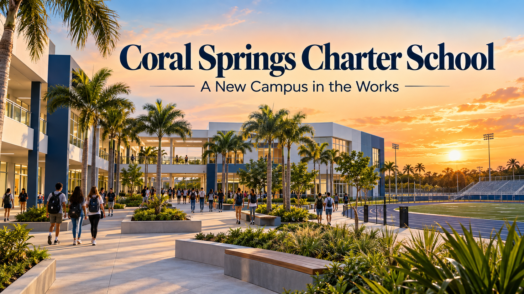 Illustration of a proposed new Coral Springs Charter School campus with palm trees and an athletic field at sunset