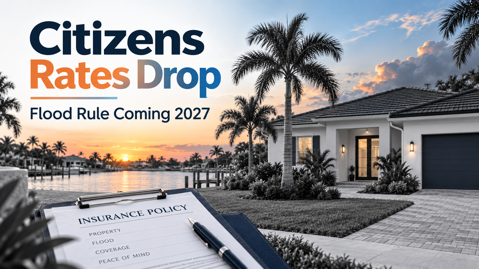 Citizens Rates Drop cover with bold title, a home and palm trees, and an insurance-policy document; includes Flood Rule Coming 2027 subtitle.