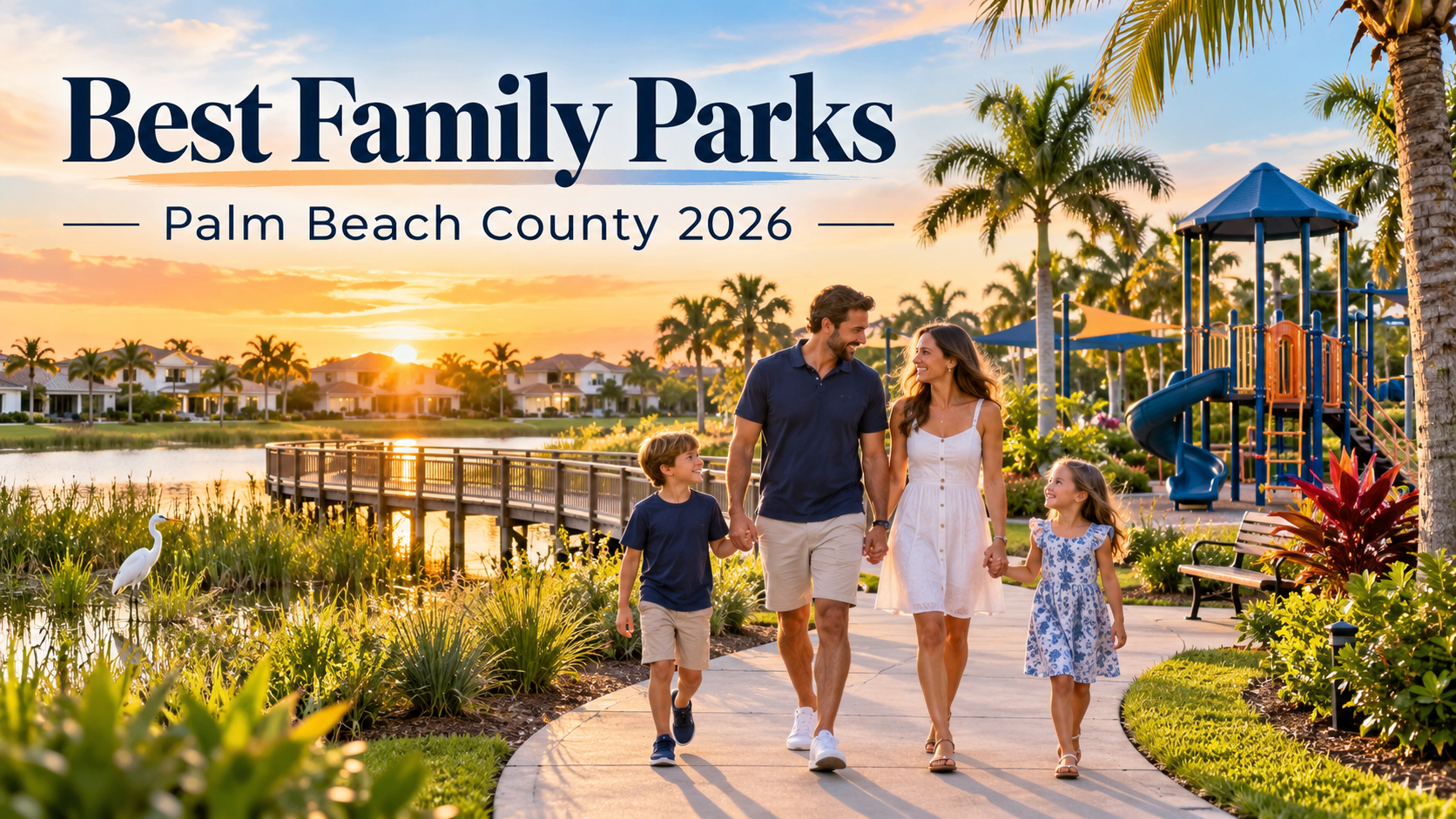 Family walking a wetland boardwalk in a sunny Palm Beach County park with palm trees and South Florida homes nearby