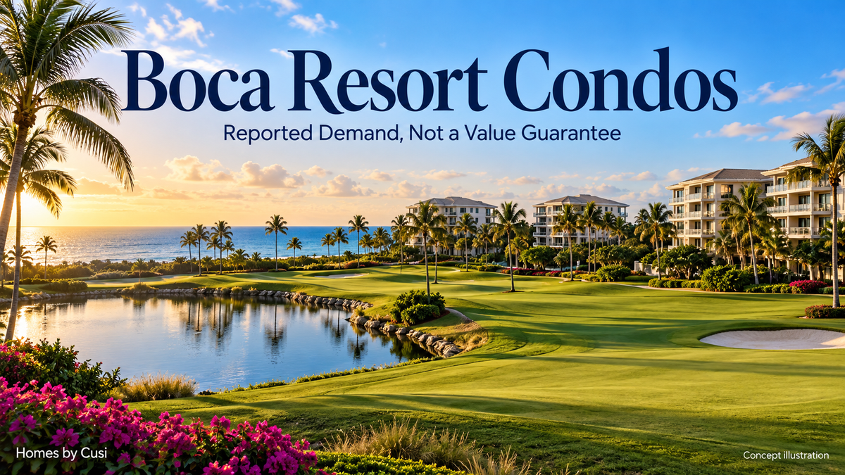Concept illustration of generic South Florida luxury condos, palms and a golf fairway; not a photograph or rendering of The Residences at The Boca Raton.