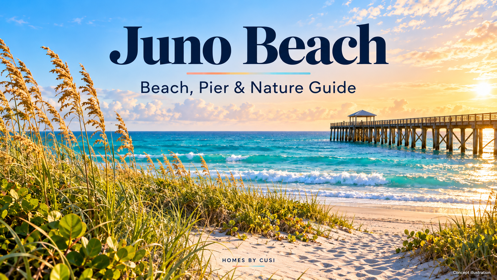 Concept illustration of an empty generic beach and wooden pier in warm golden light with Juno Beach title; not an actual photograph or current construction view.