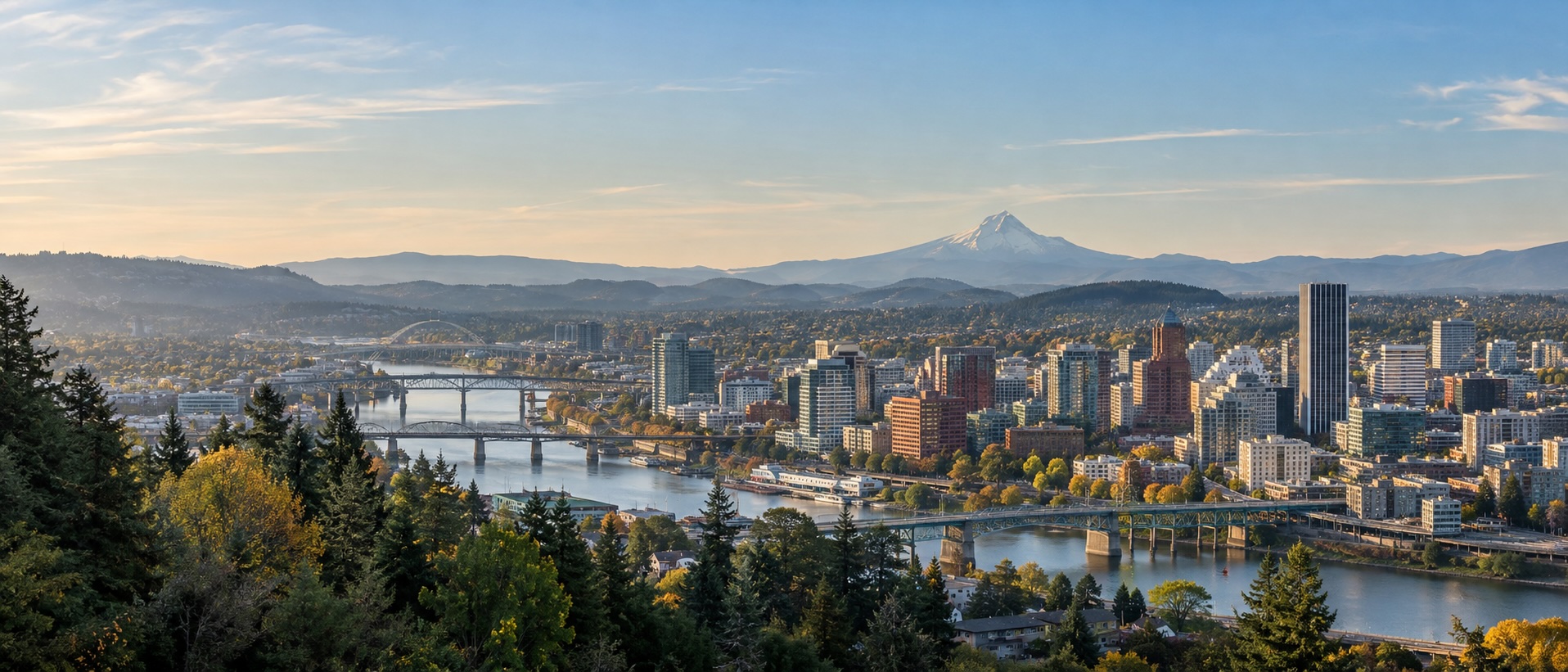 Portland skyline with Mount Hood at sunrise