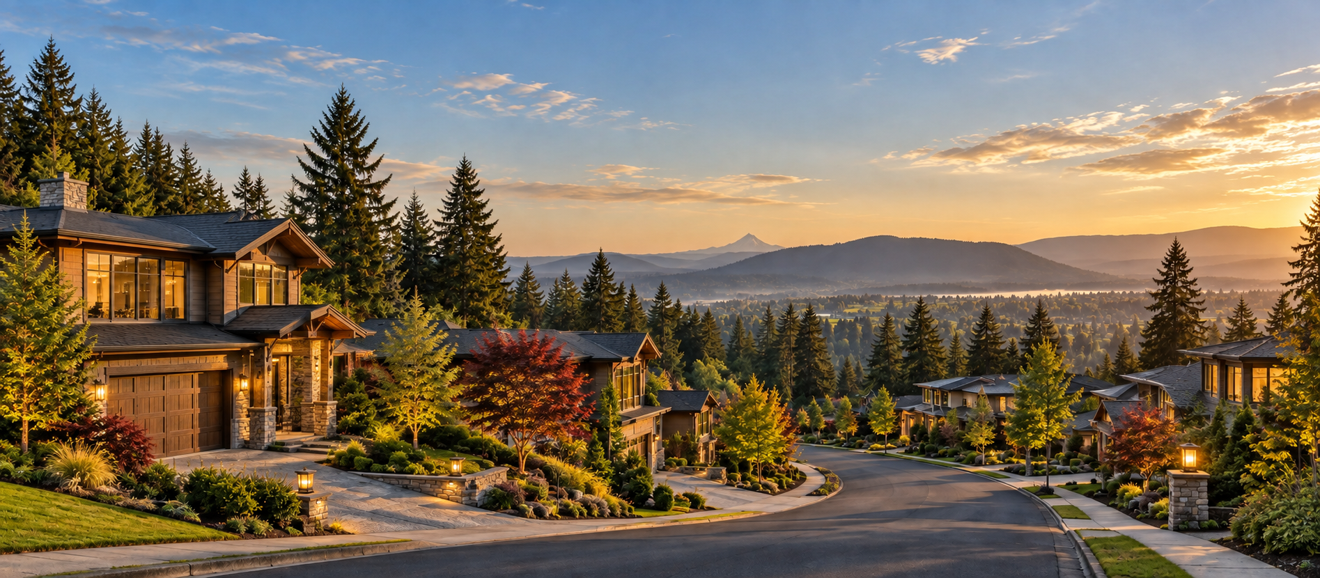 Hillside custom homes at sunset with mountain views near Happy Valley, Oregon