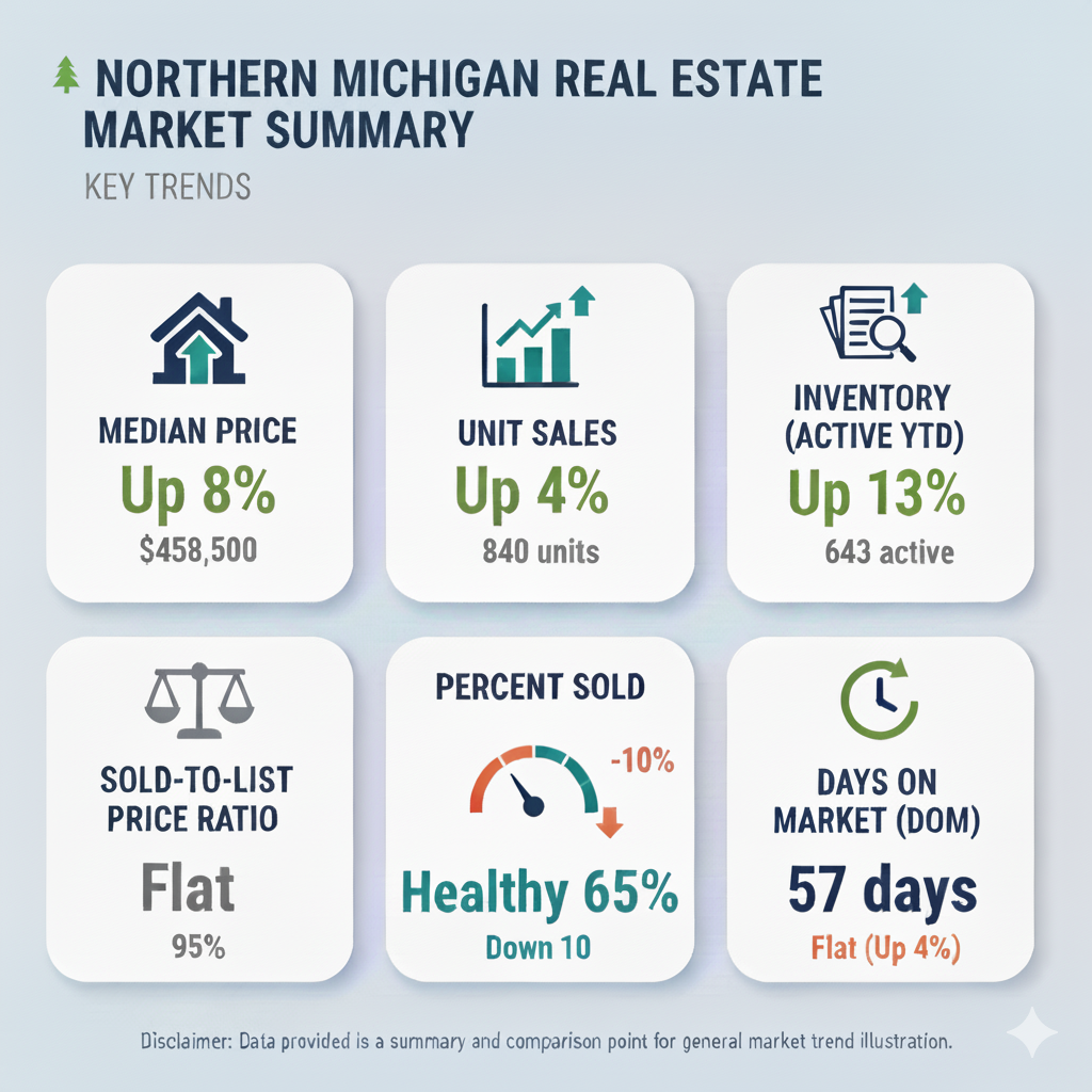 Northern Michigan Real Estate Market Summary — October 2025. Median price up 8% to $458,500, unit sales up 4% to 840 units, inventory up 13% to 643 active listings, sold-to-list price ratio flat at 95%, percent sold at a healthy 65% (down 10%), and average days on market 57 (flat, up 4%). Data sourced from Northern Michigan MLS covering Emmet and Charlevoix Counties.