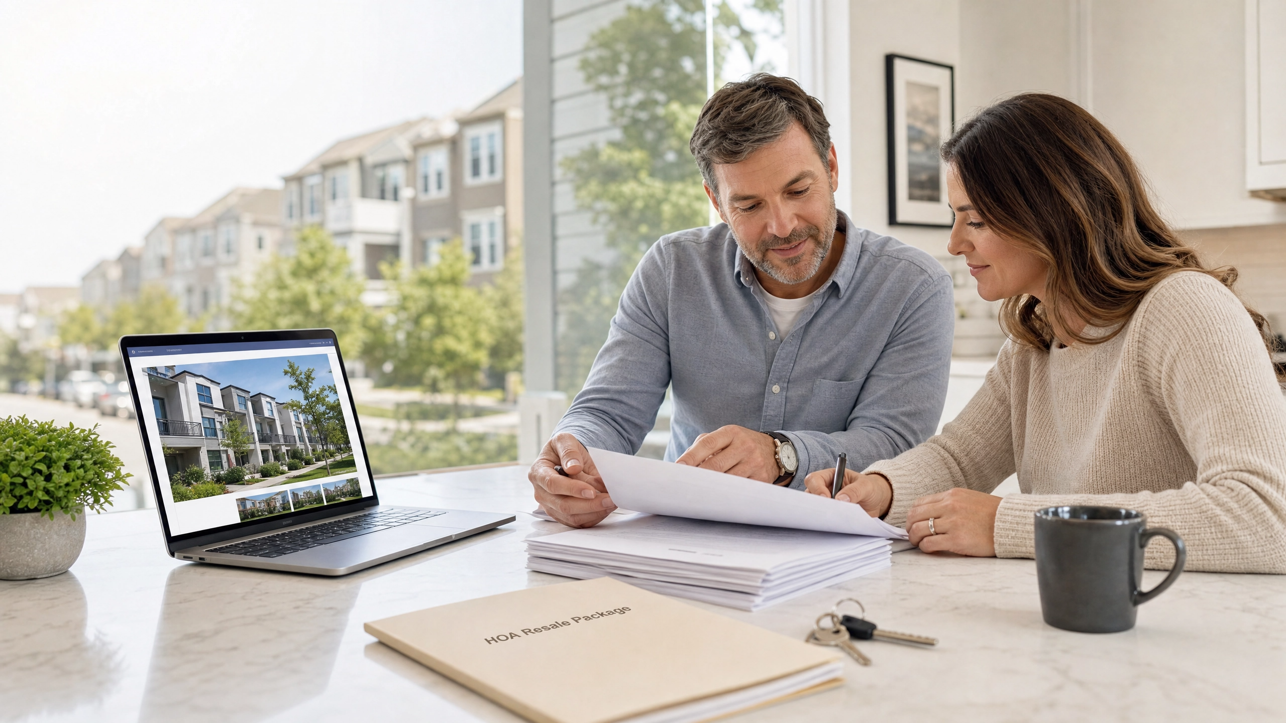 Buyer and seller reviewing HOA resale documents for a Maryland, DC or Virginia home.