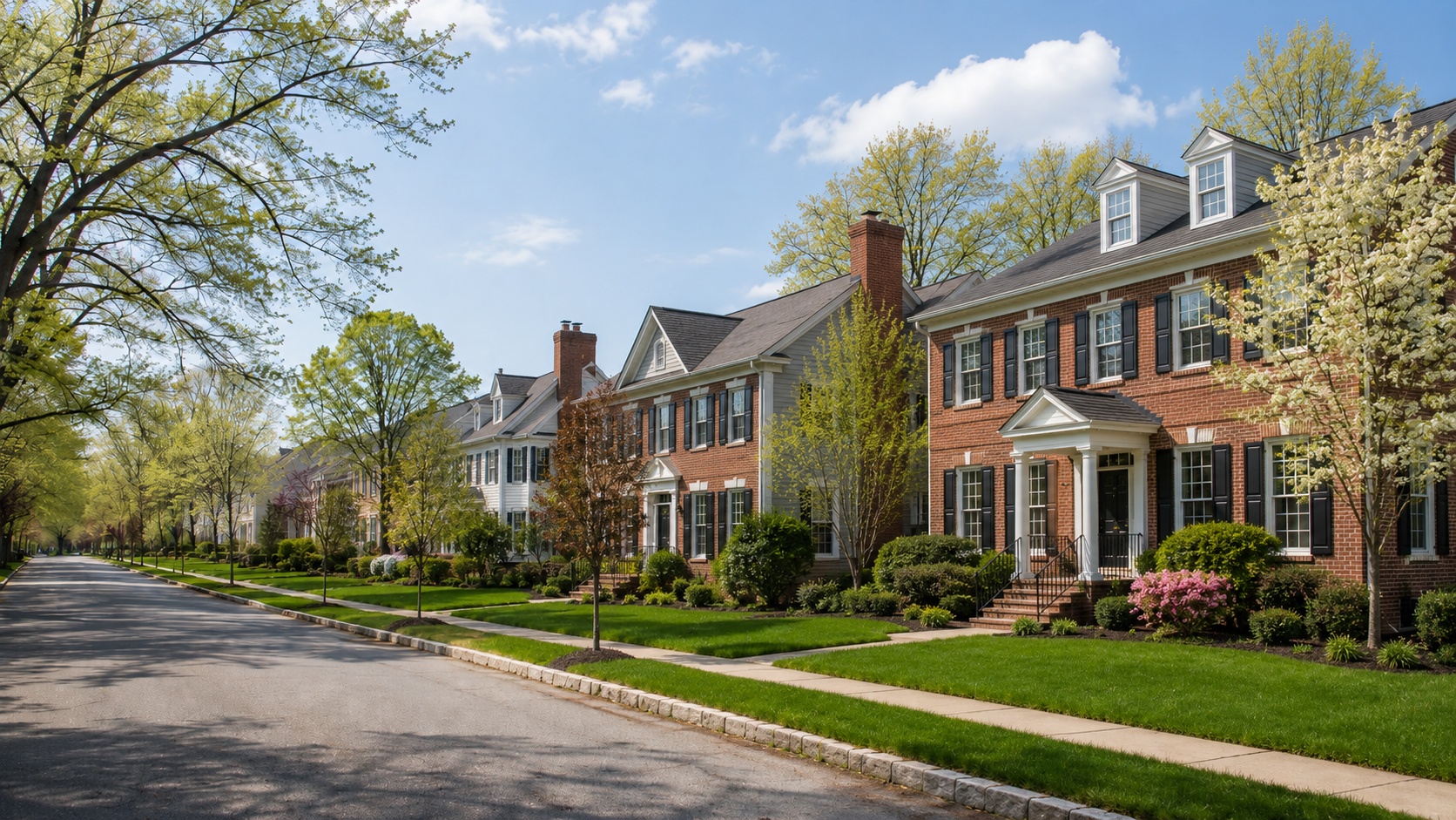 Colonial-style homes on a quiet tree-lined street in the DMV housing market during spring 2026