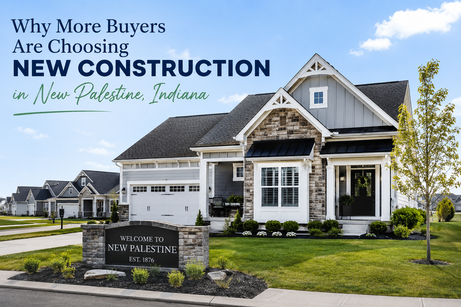 Modern new construction homes in New Palestine, Indiana featuring spacious suburban neighborhoods, energy-efficient designs, and newly built family homes attracting today’s homebuyers.