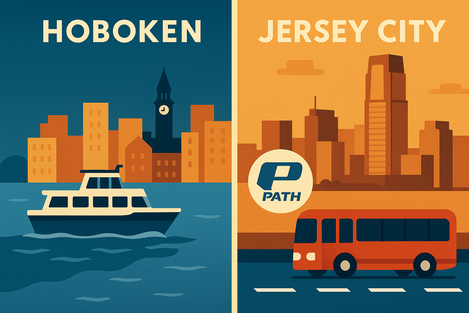 Split digital illustration comparing Hoboken ferry and Jersey City PATH train commute options across the Hudson River skyline.