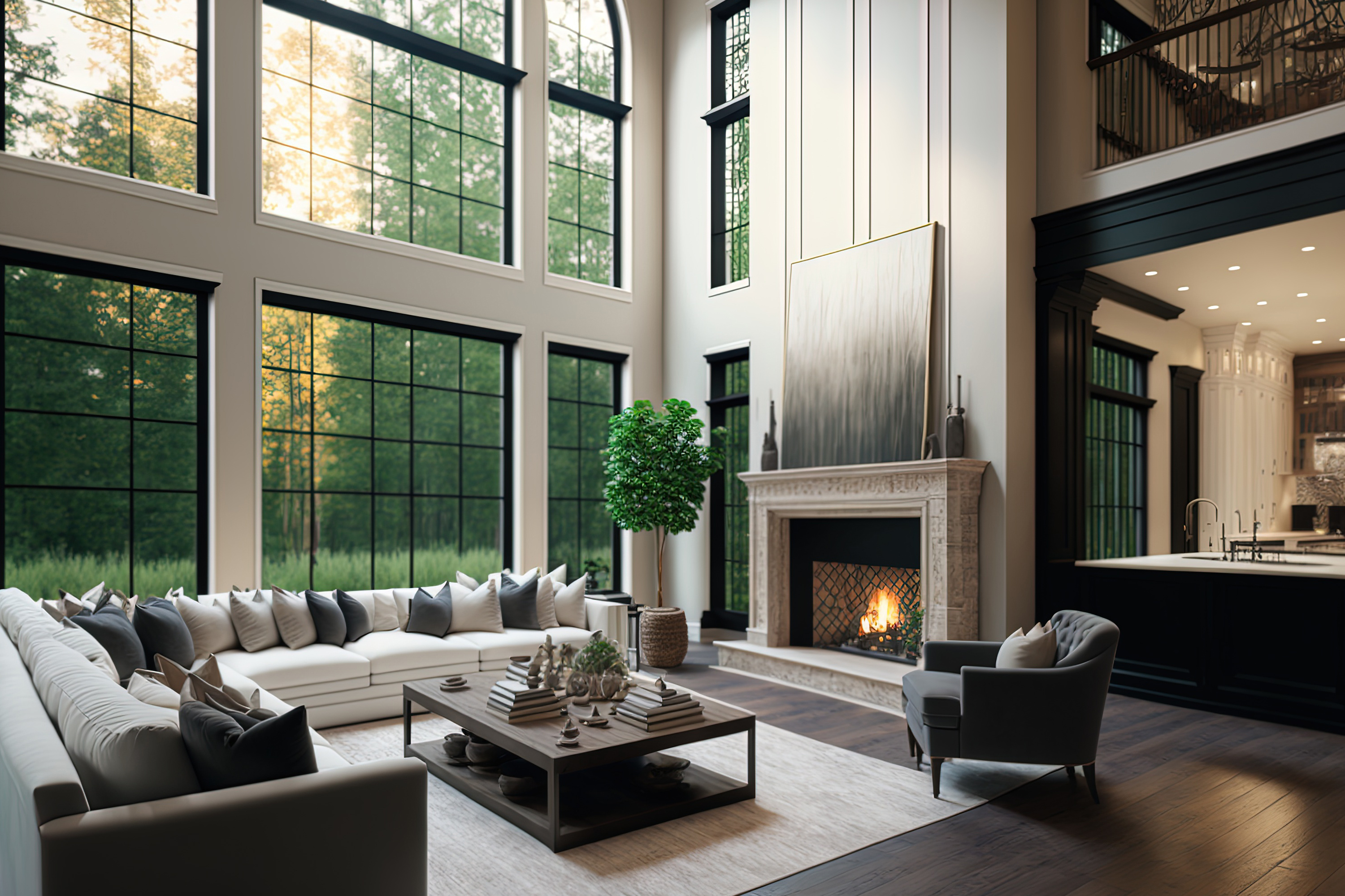 Luxury living room with large glass windows