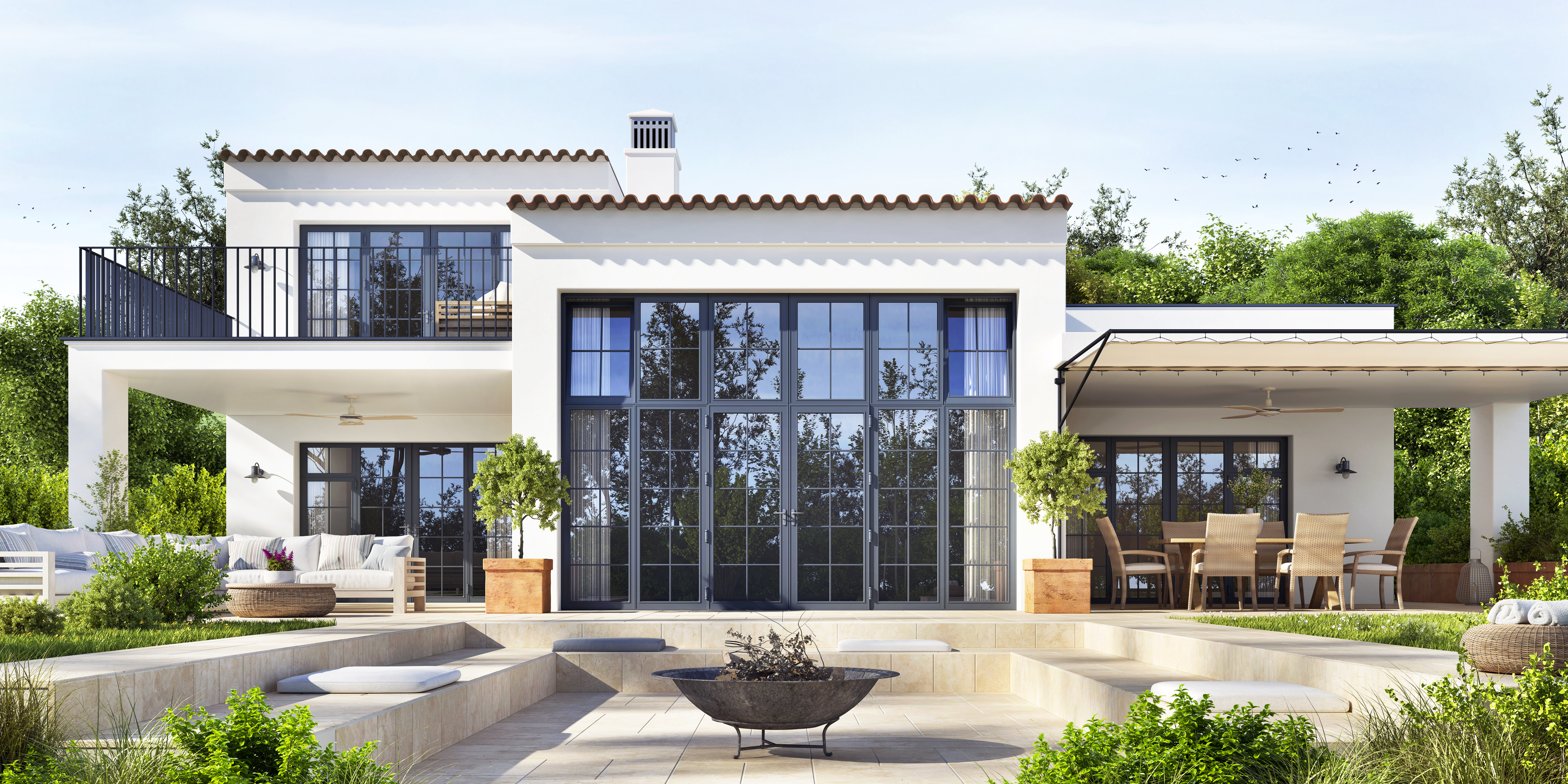 luxury home, white exterior, black trim