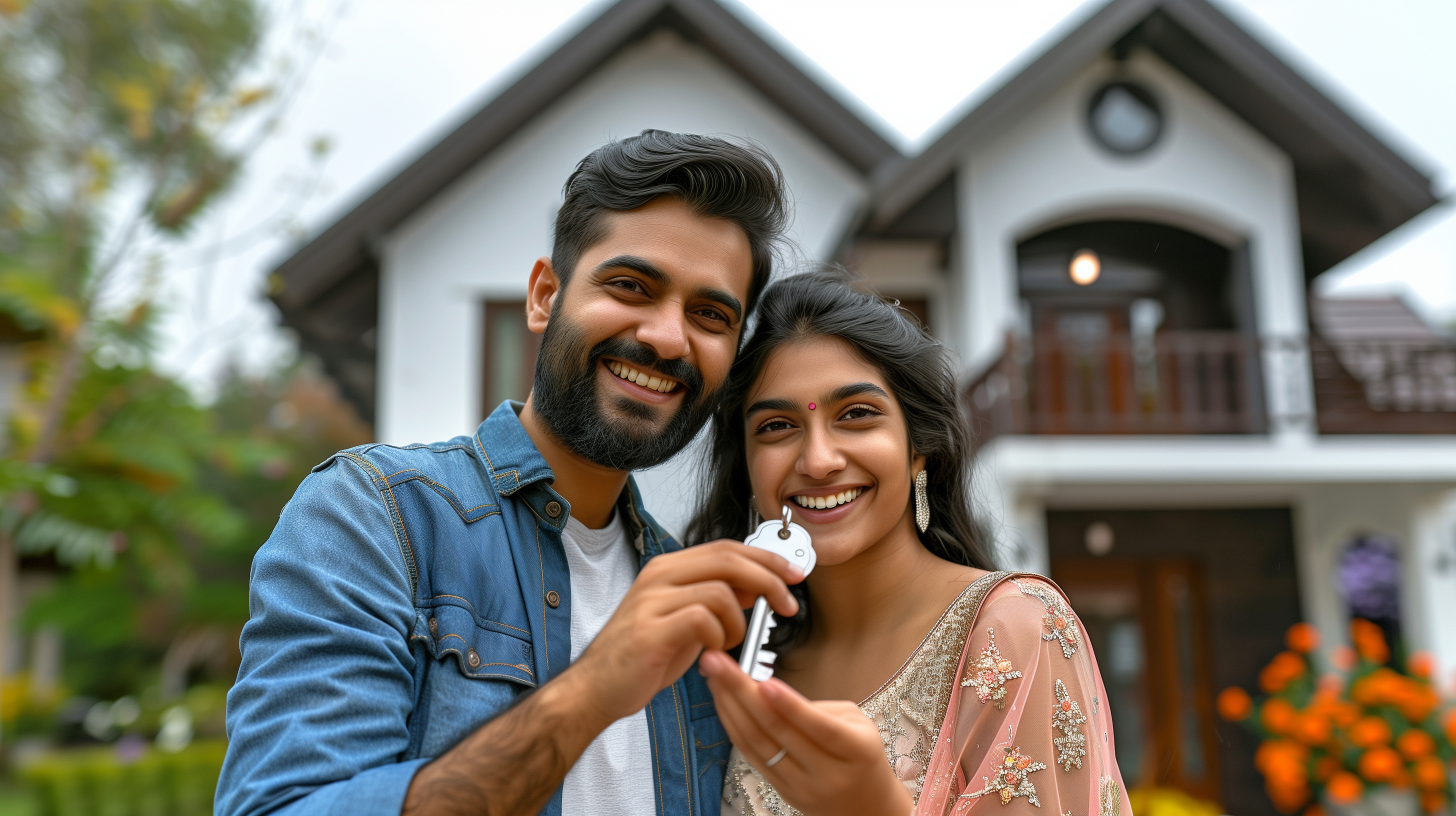 man and woman holding a key with a house in the background