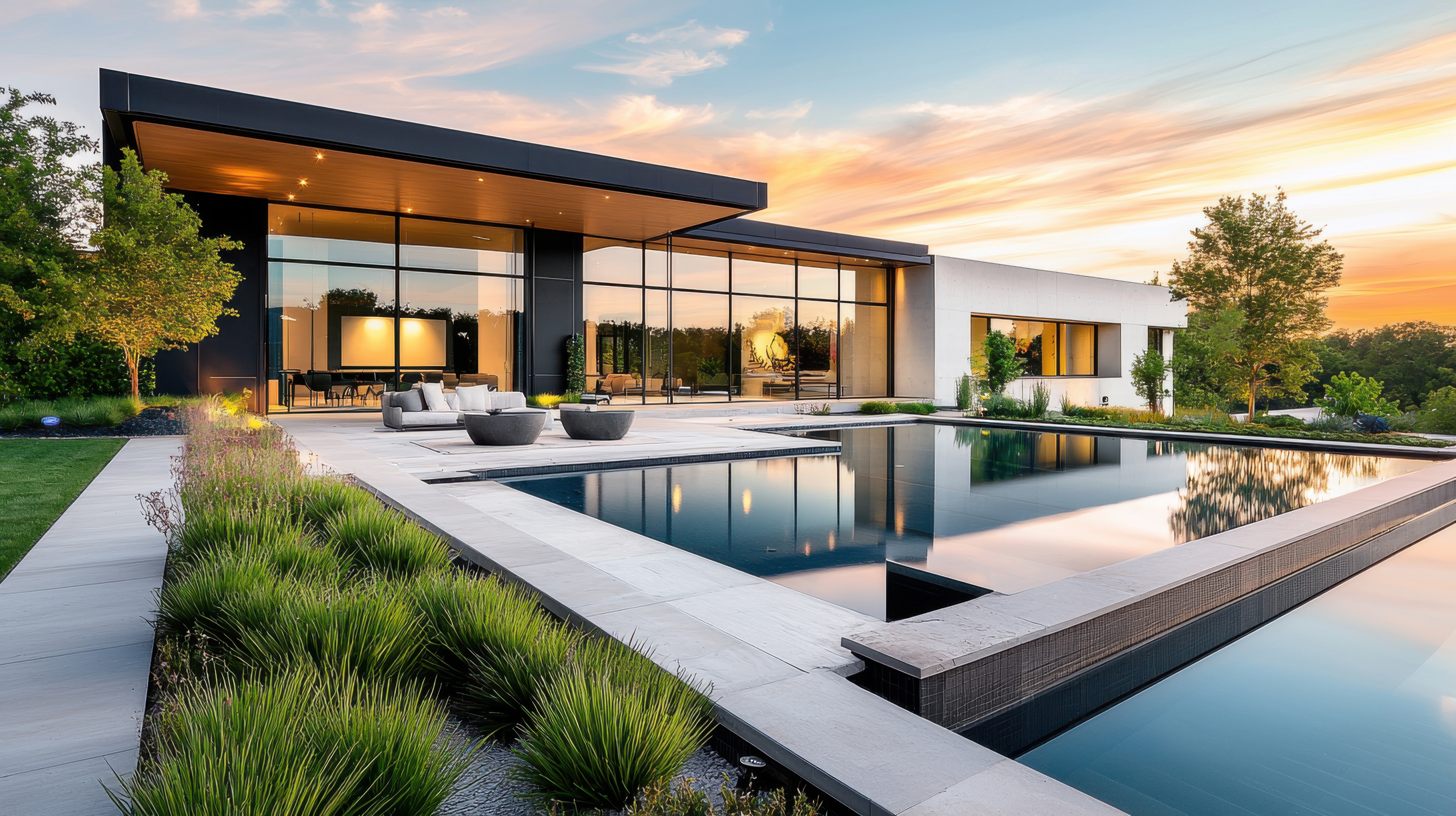 Luxury home with pool at sunset