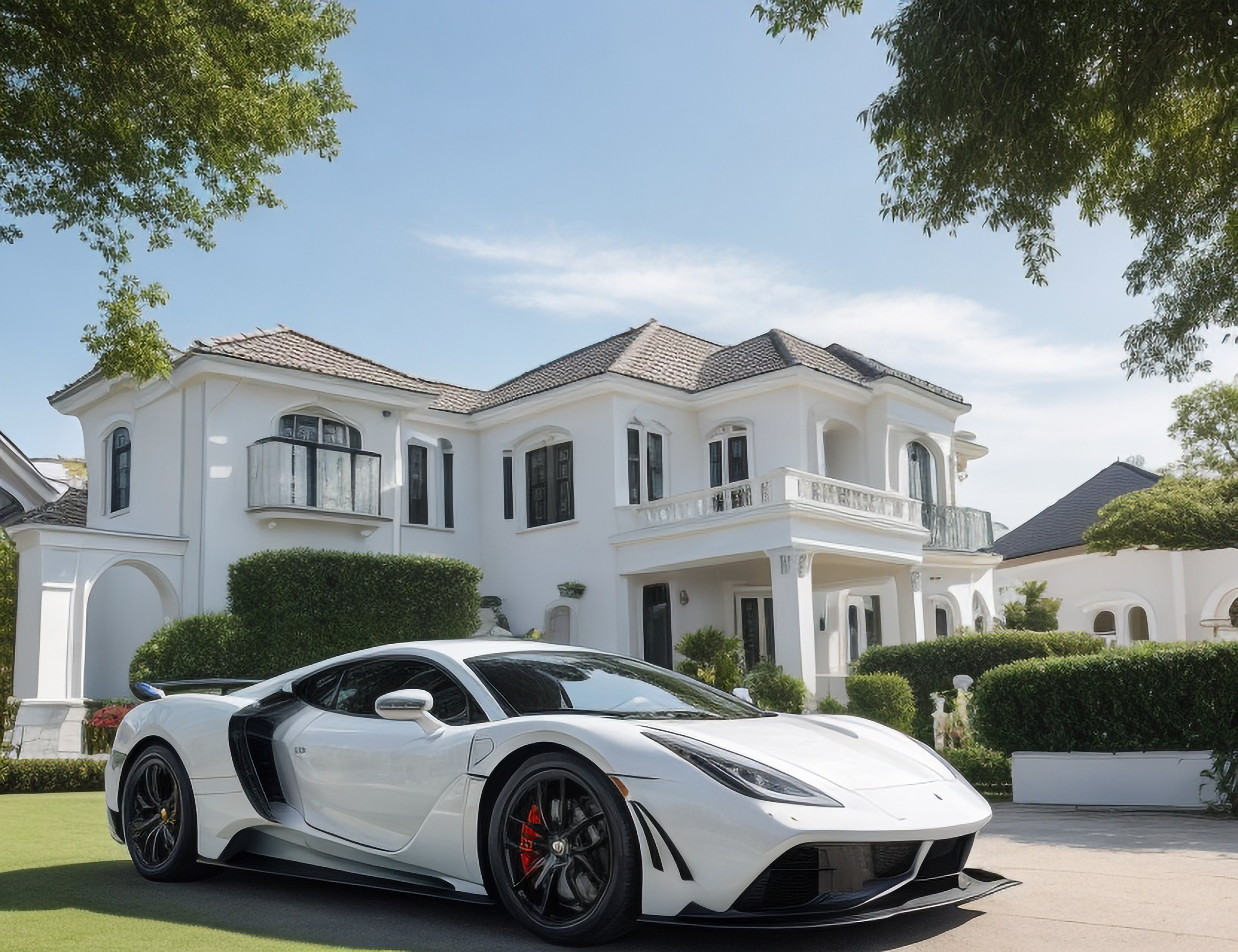 white luxury car and white luxury home