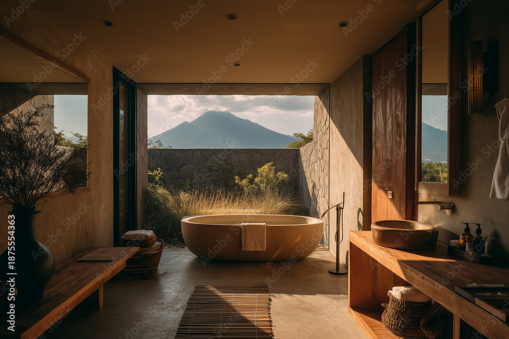 luxury bathroom with tub and mountain views