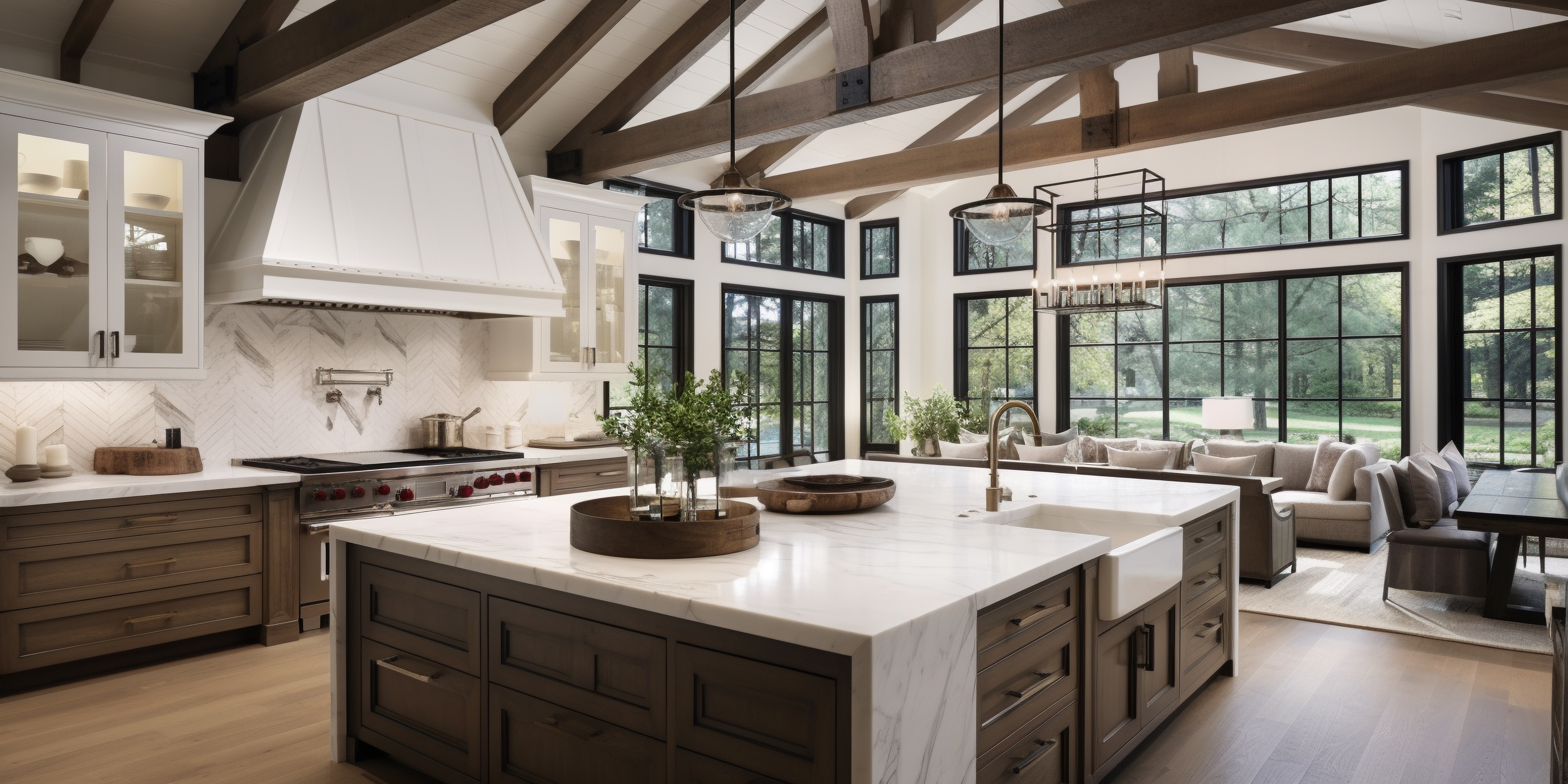 luxury Kitchen, white countertop, brown cabinets