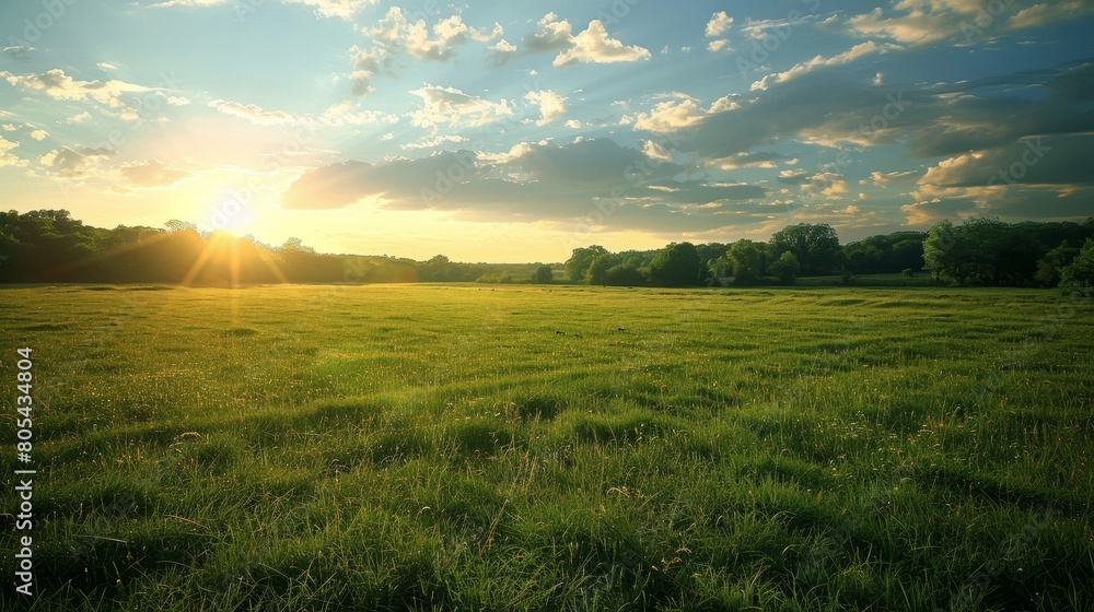 blue sky, green grass, bright yellow sun