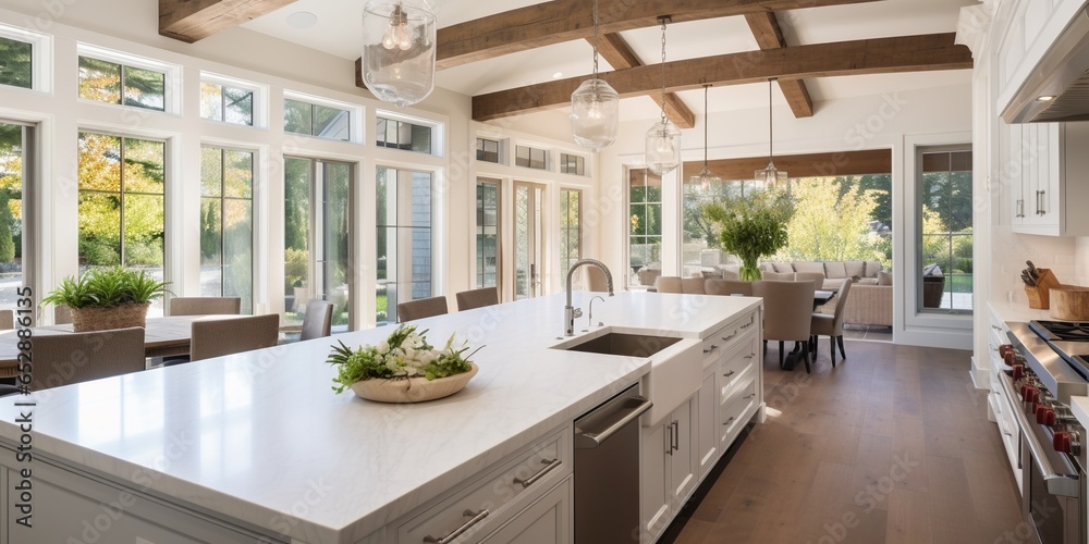 white kitchen with wood beams