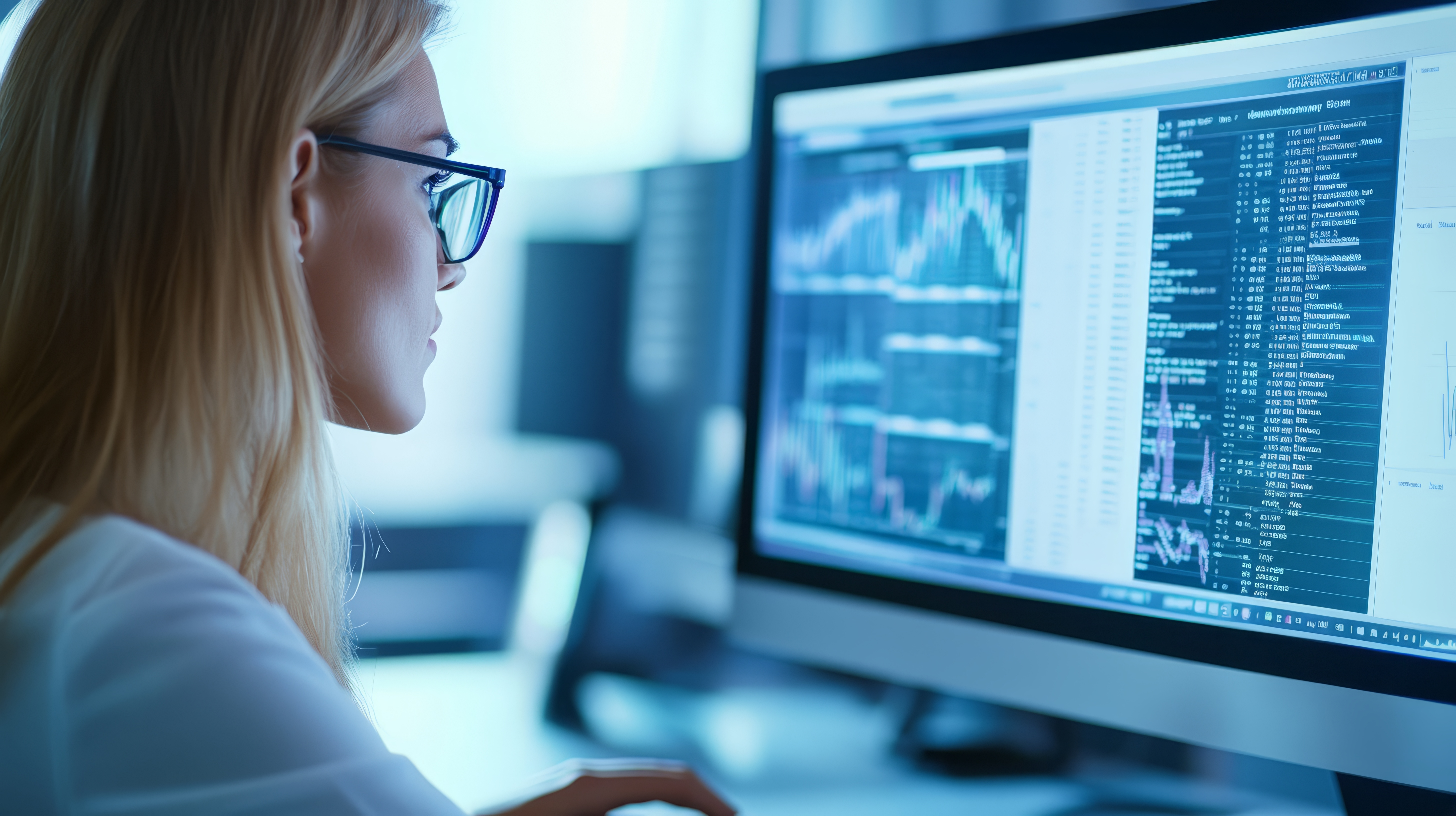 women with glasses looking at computer screen