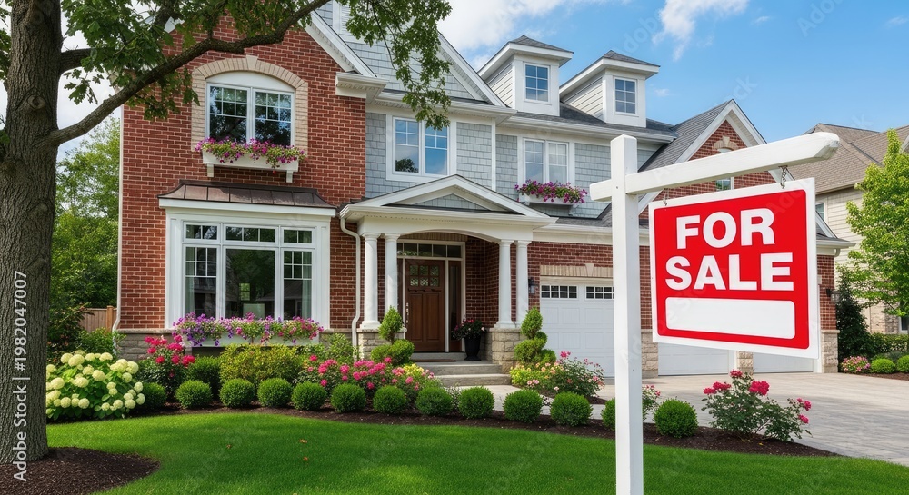 red brick house with a for sale sign in yard