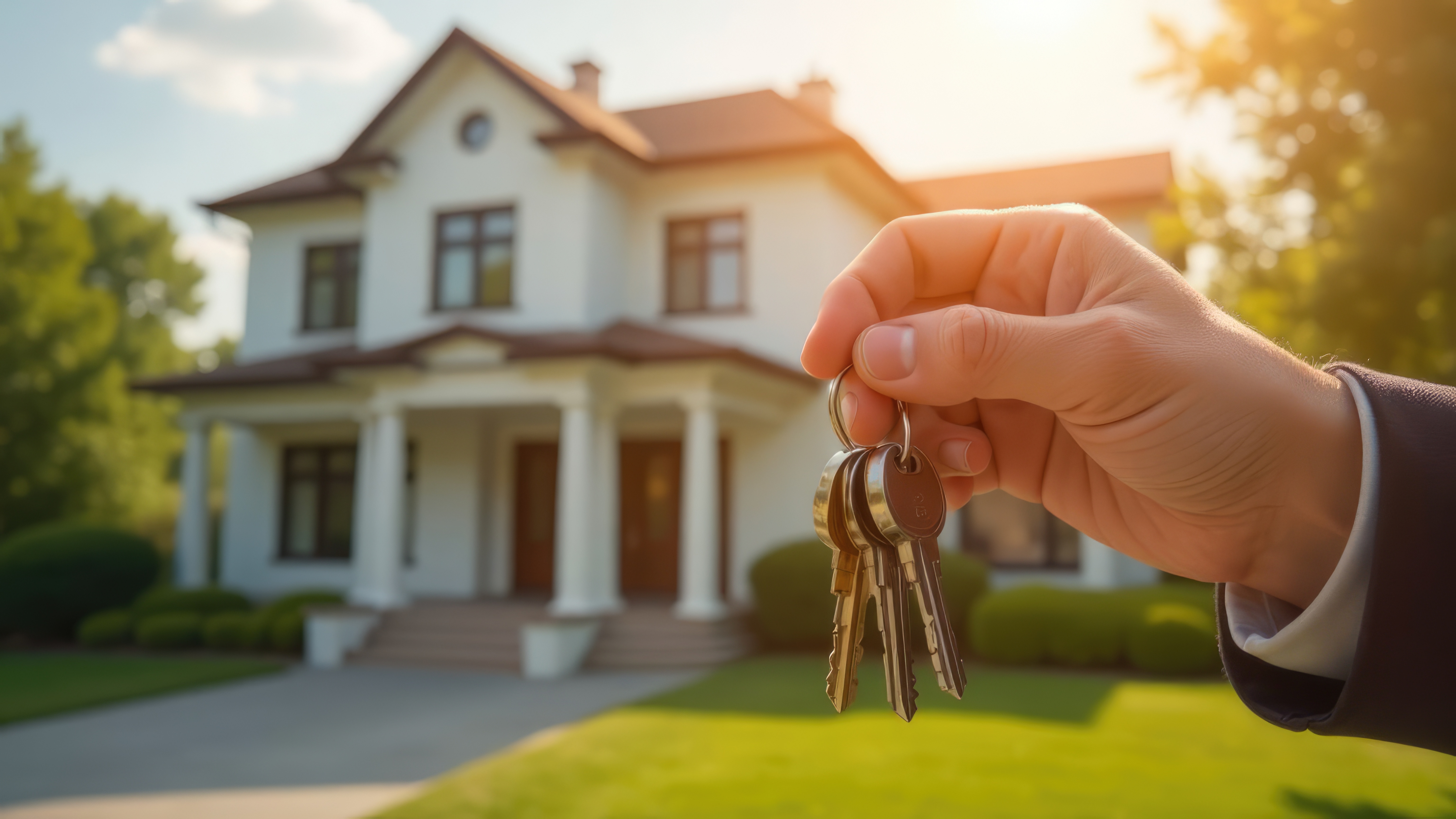 hand in front holding keys, house in background