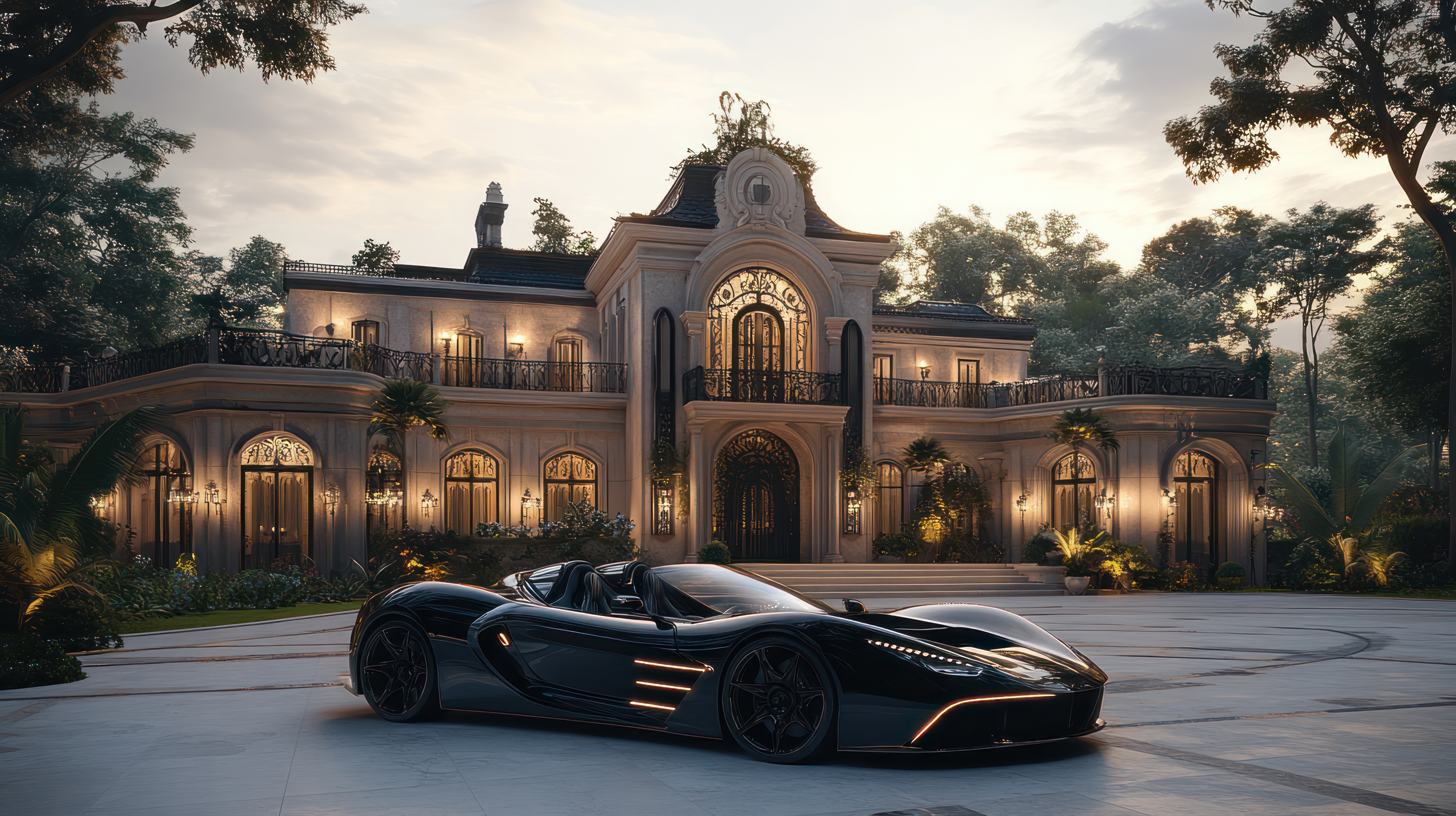 black luxury car and house in the background